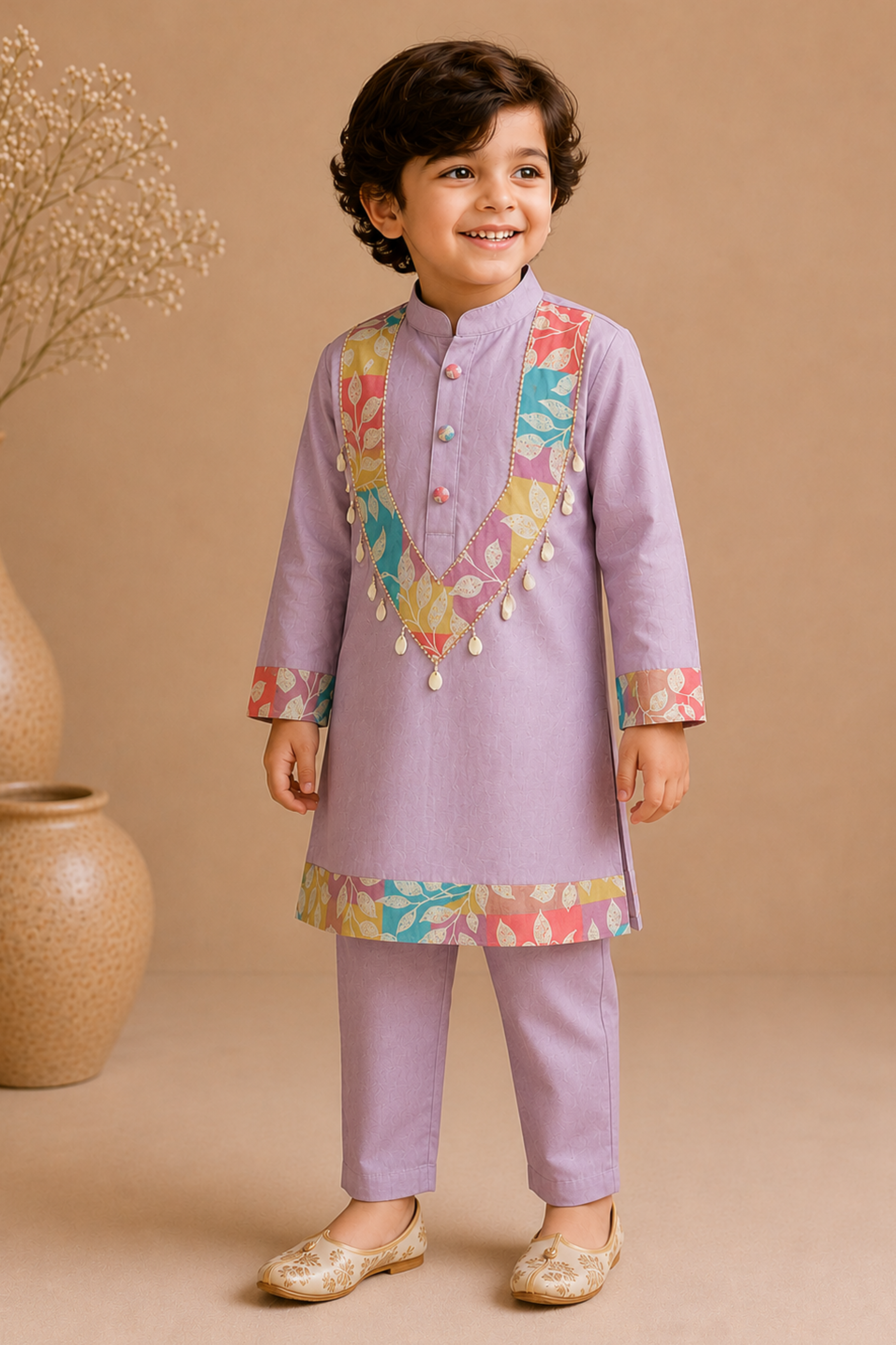 Boys Gulnaar Pure Cotton Kurta Pant ethnic clothing set with kodi work - Lilac