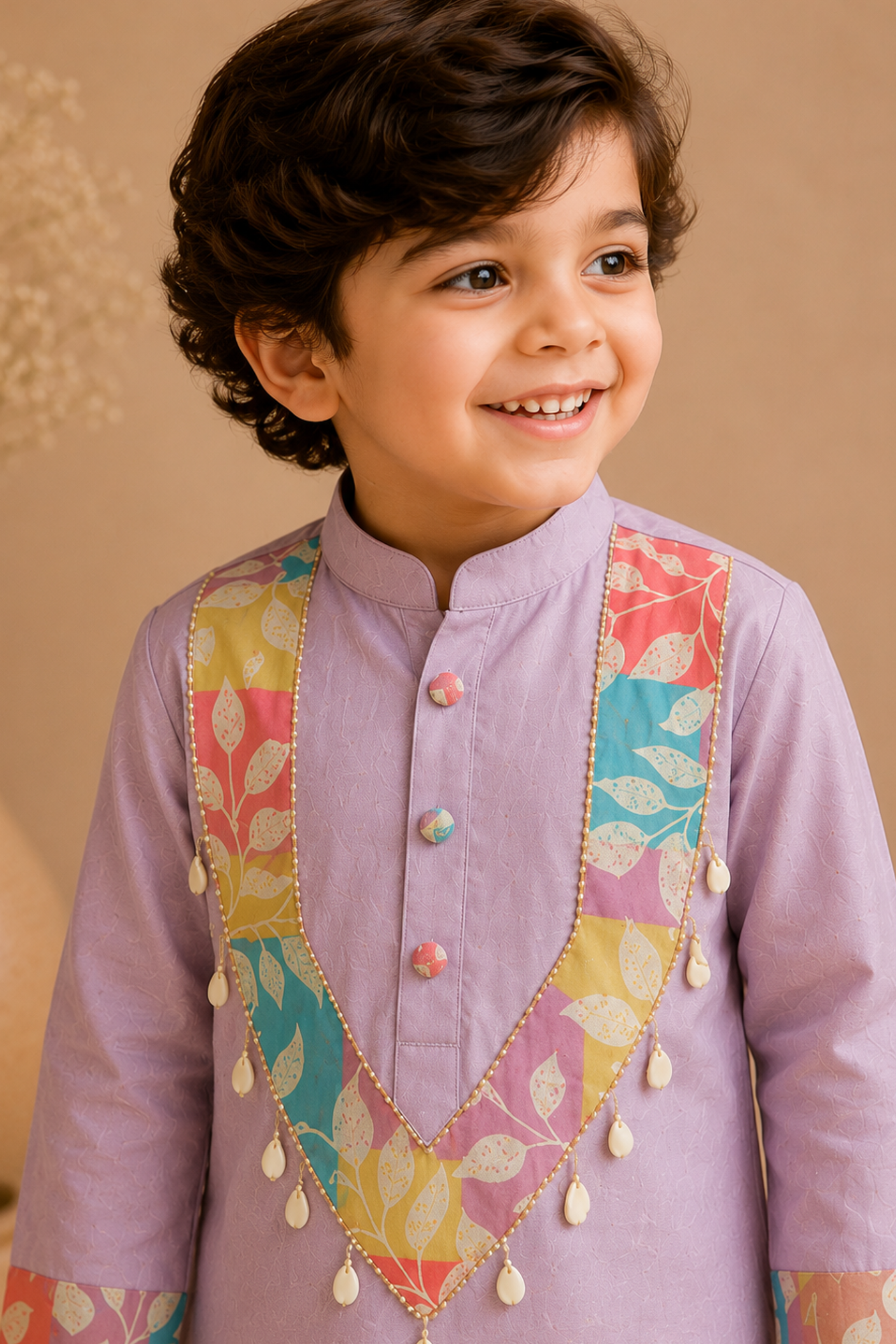Boys Gulnaar Pure Cotton Kurta Pant ethnic clothing set with kodi work - Lilac