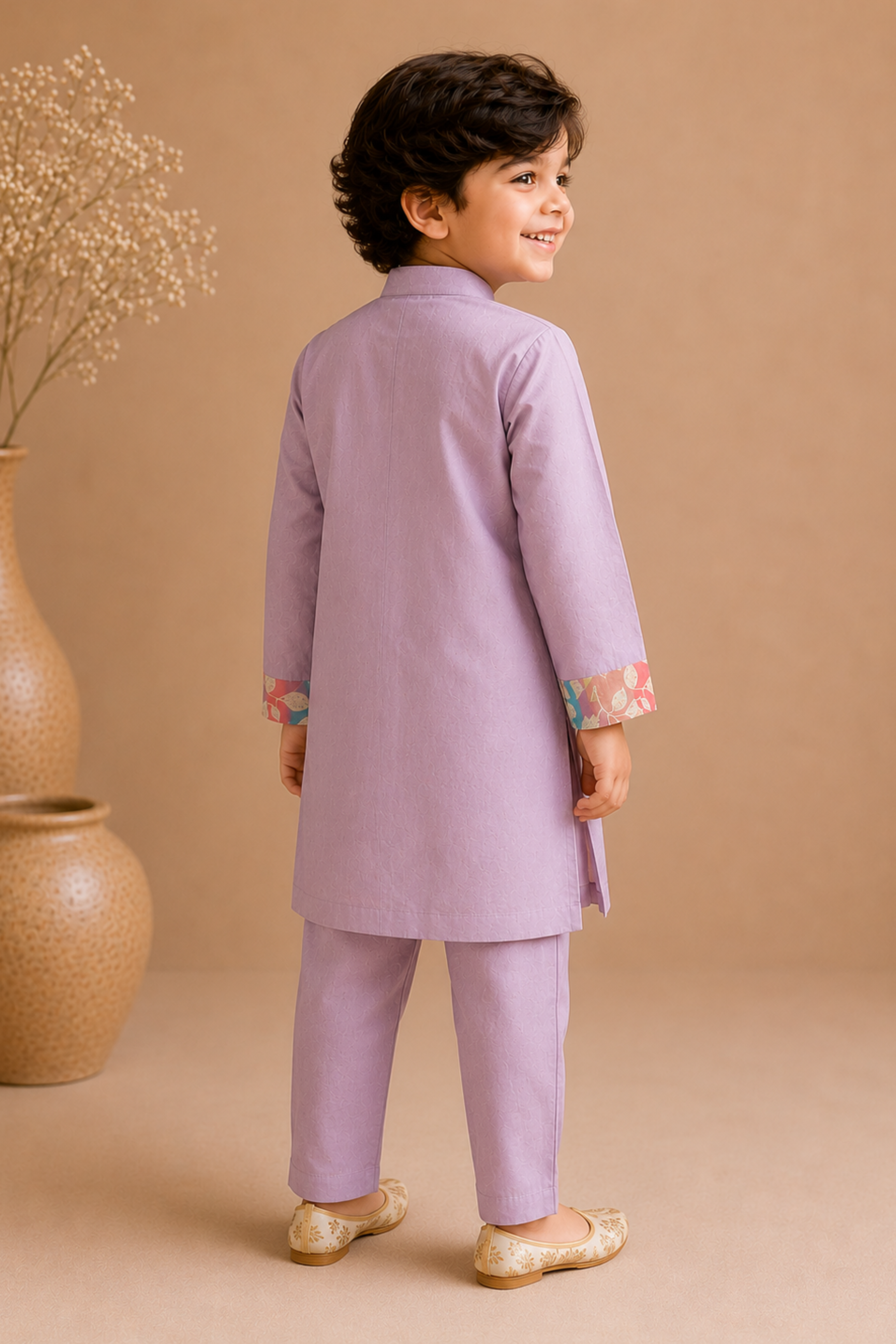 Boys Gulnaar Pure Cotton Kurta Pant ethnic clothing set with kodi work - Lilac