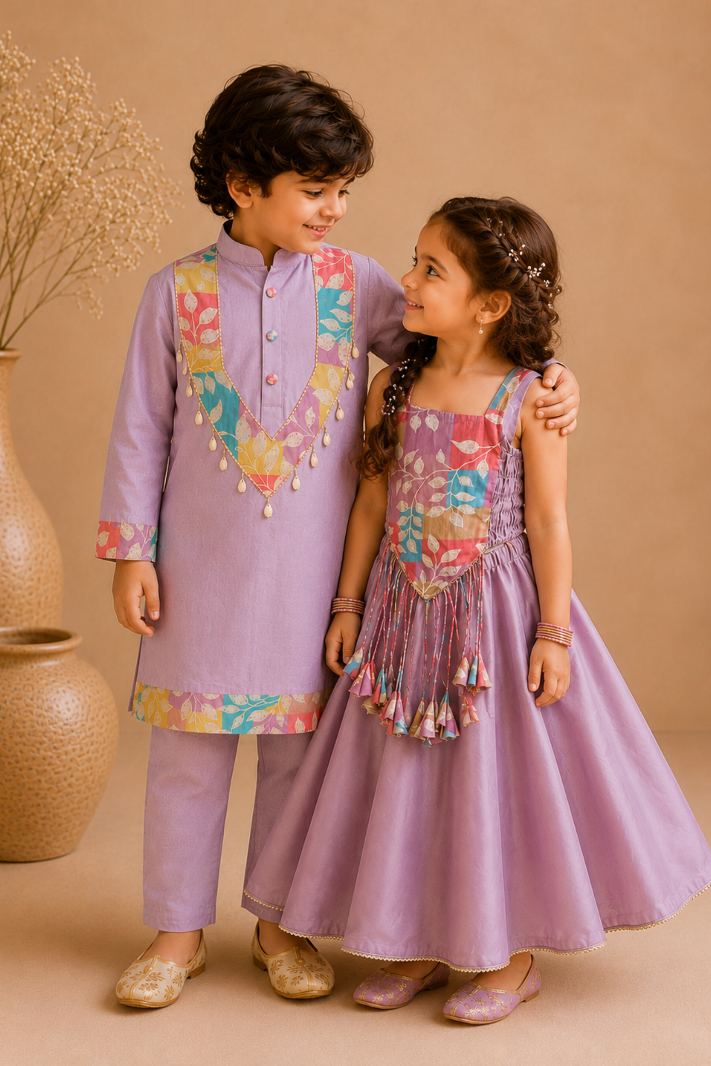 Boys Gulnaar Pure Cotton Kurta Pant ethnic clothing set with kodi work - Lilac