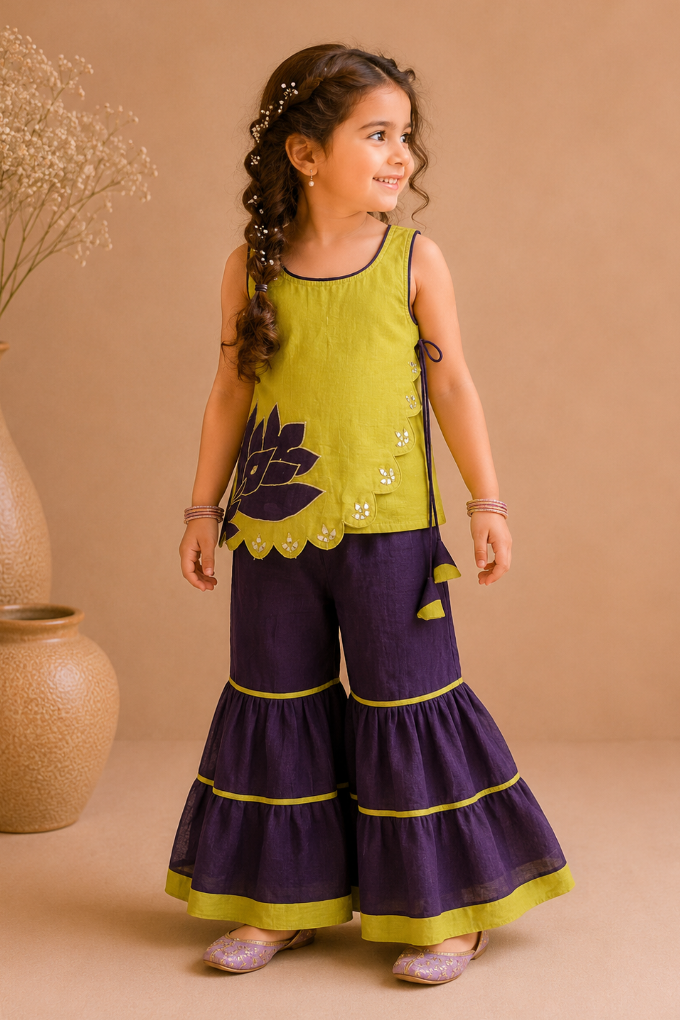 Girls Lotus mul chanderi embroidered side tie up top with sharara top - Mustard Aubergine