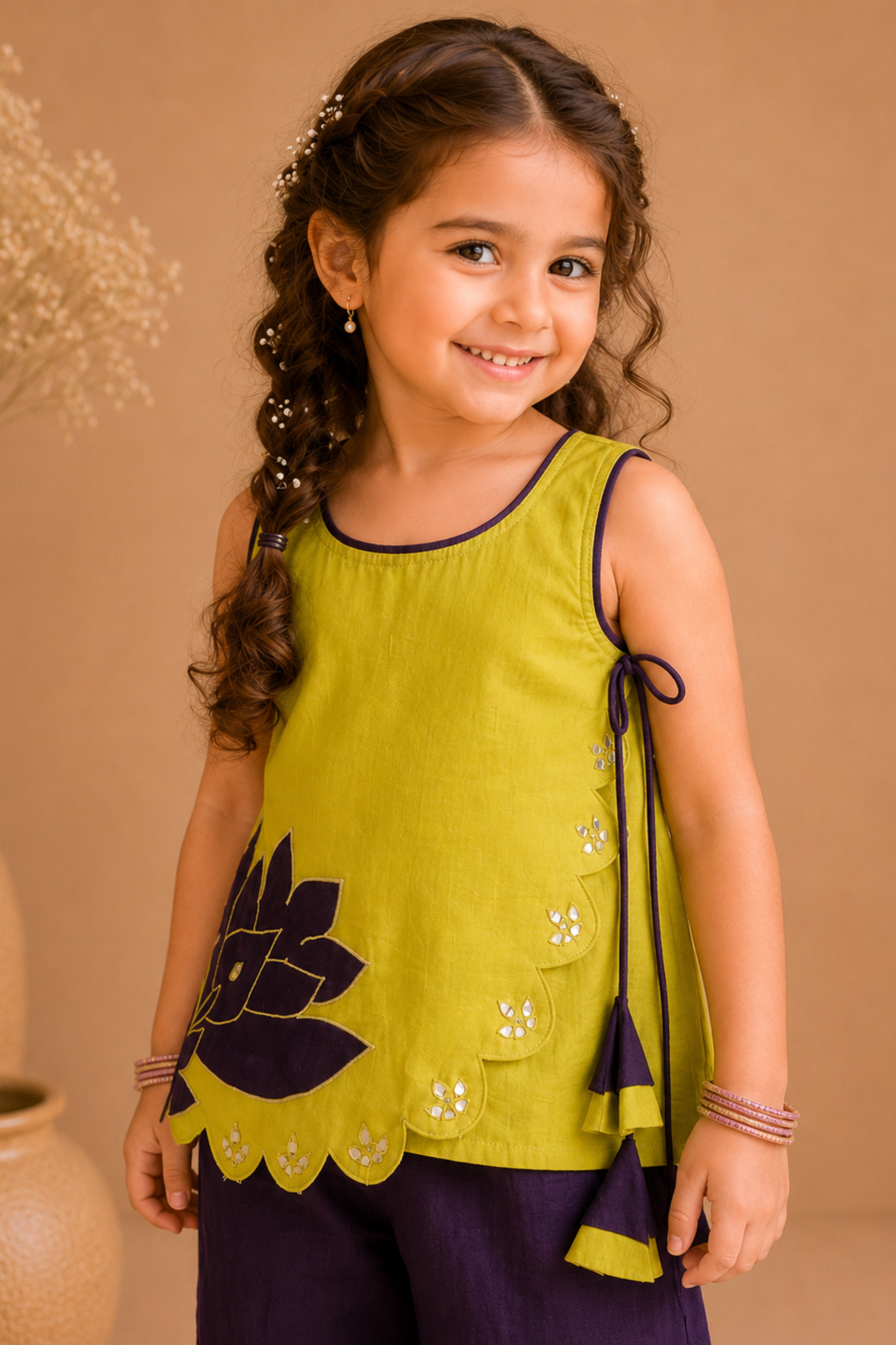 Girls Lotus mul chanderi embroidered side tie up top with sharara top - Mustard Aubergine