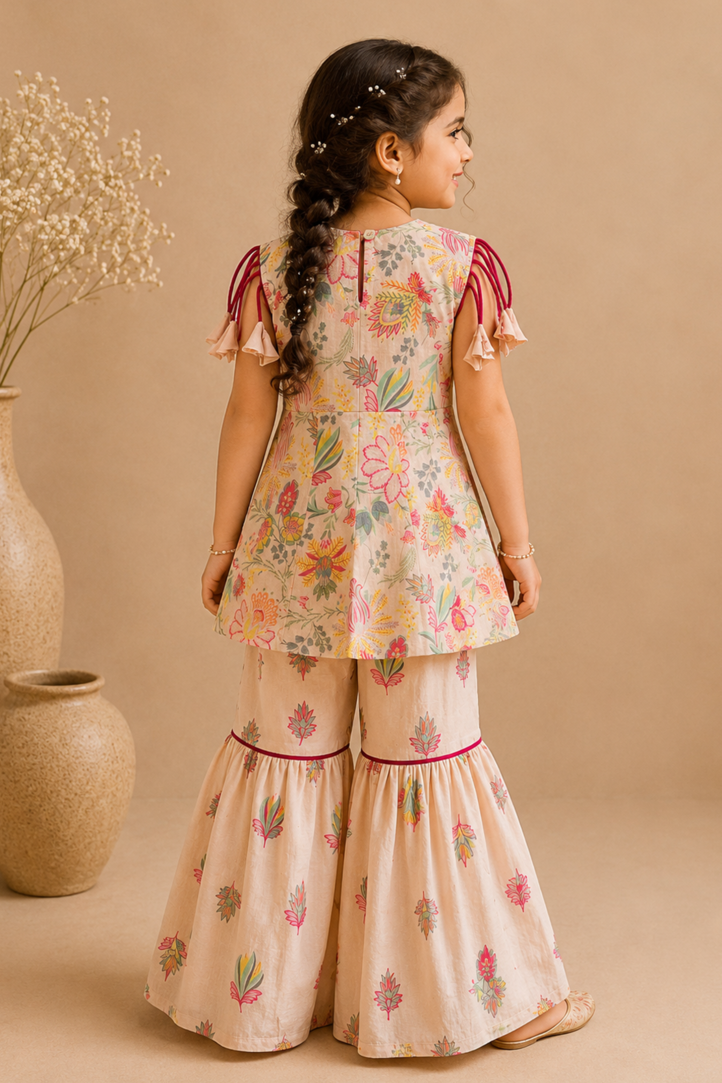 Girls Kohinoor Pure Cotton Peplum top with Sharara set - Off White