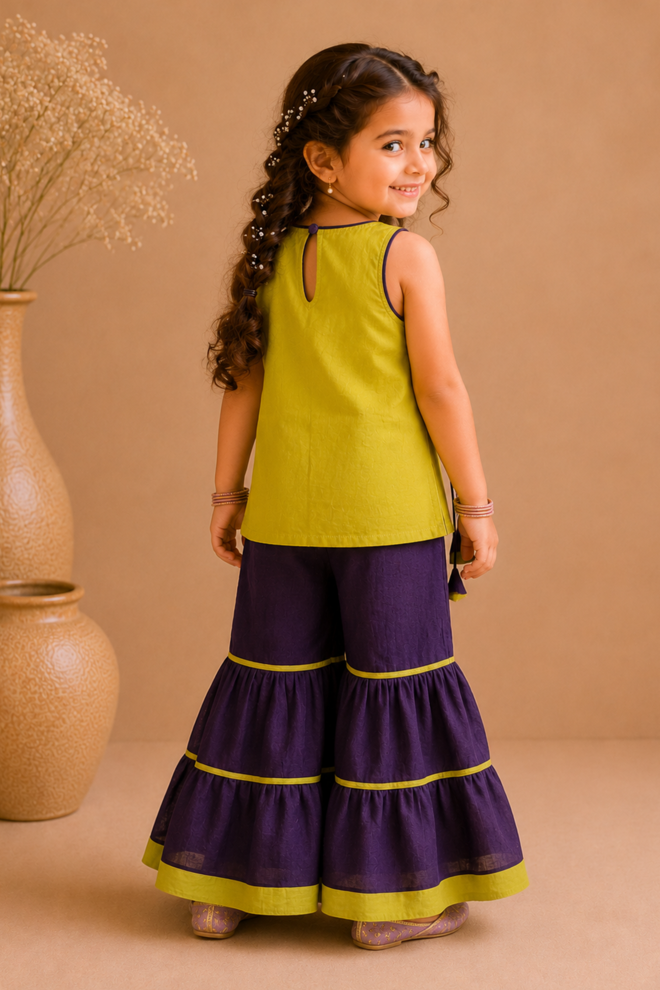 Girls Lotus mul chanderi embroidered side tie up top with sharara top - Mustard Aubergine