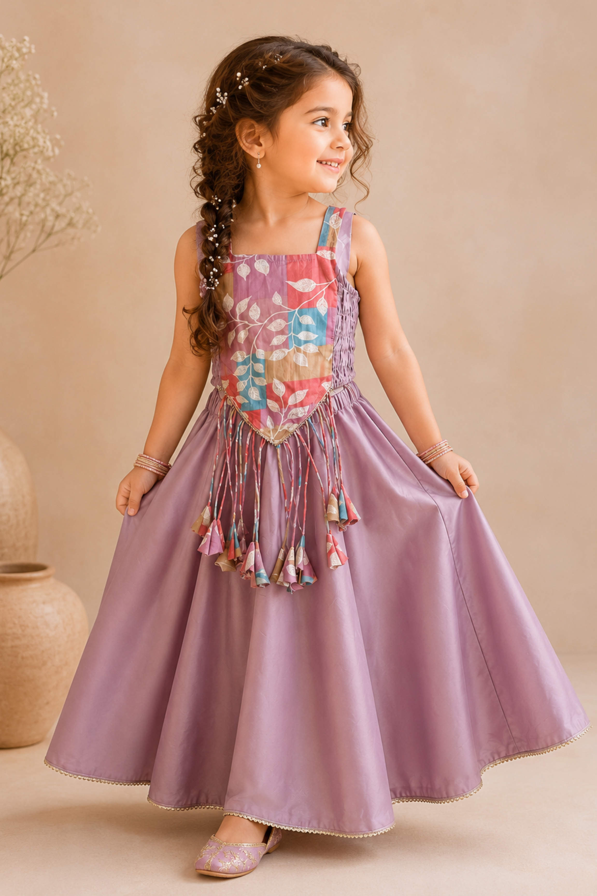 Girls Gulnaar Pure Cotton Crop top with skirt Ethnic Clothing set - Lilac