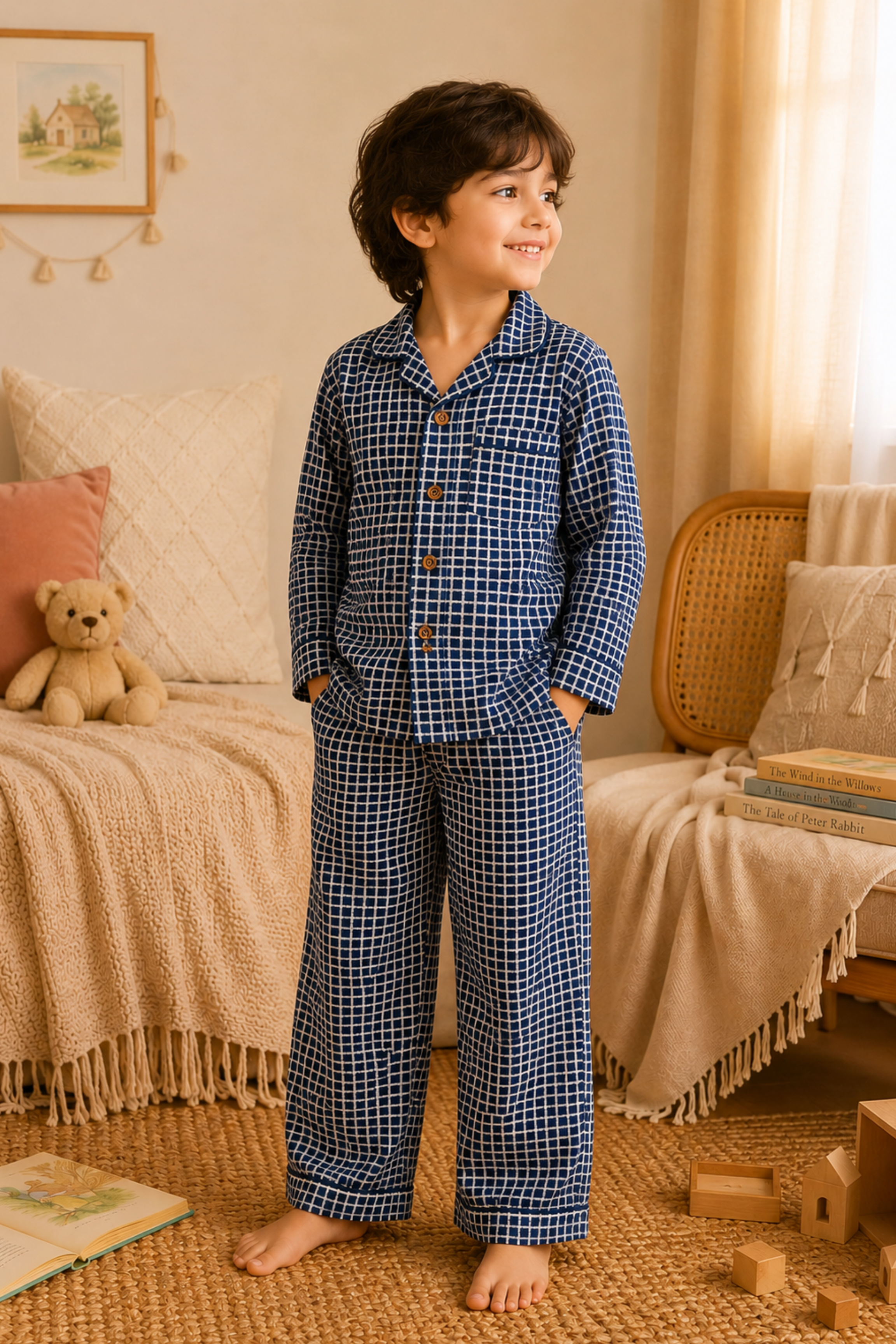 Pure Soft Cotton Printed Night Suit - Indigo Checks
