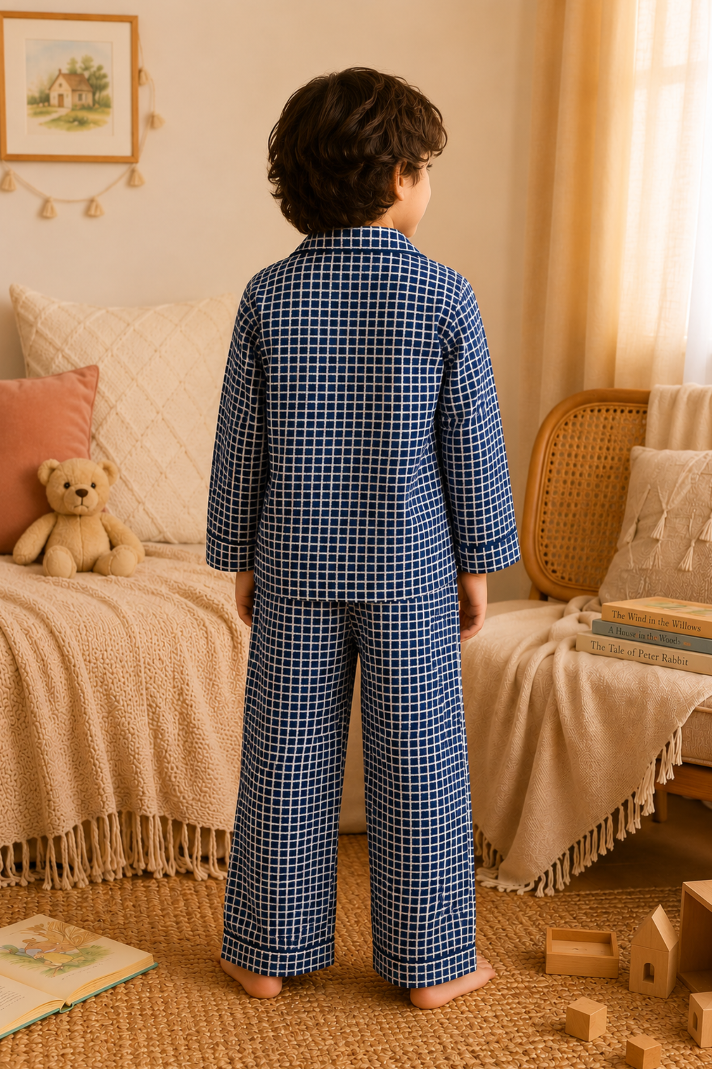 Pure Soft Cotton Printed Night Suit - Indigo Checks