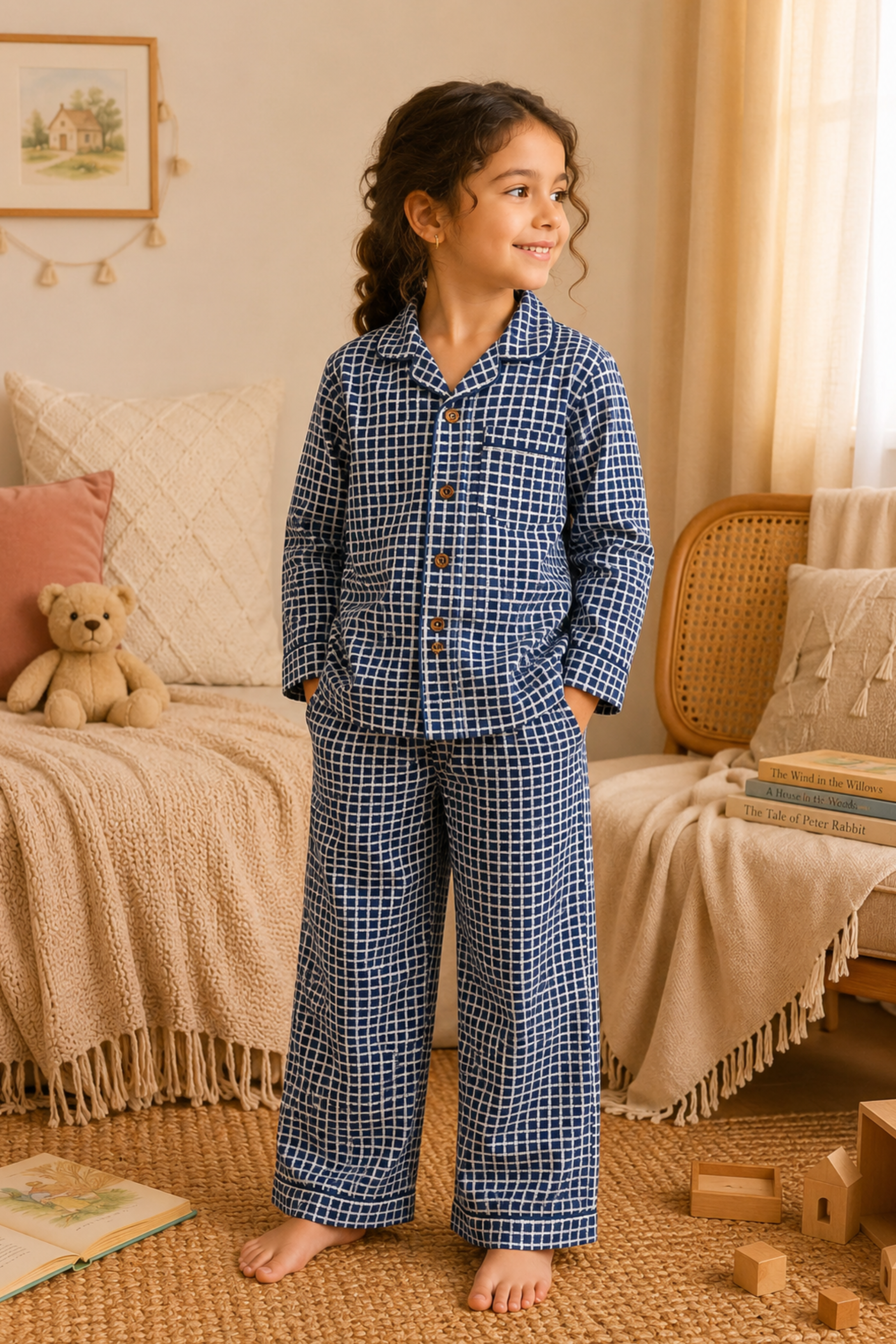 Pure Soft Cotton Printed Night Suit - Indigo Checks