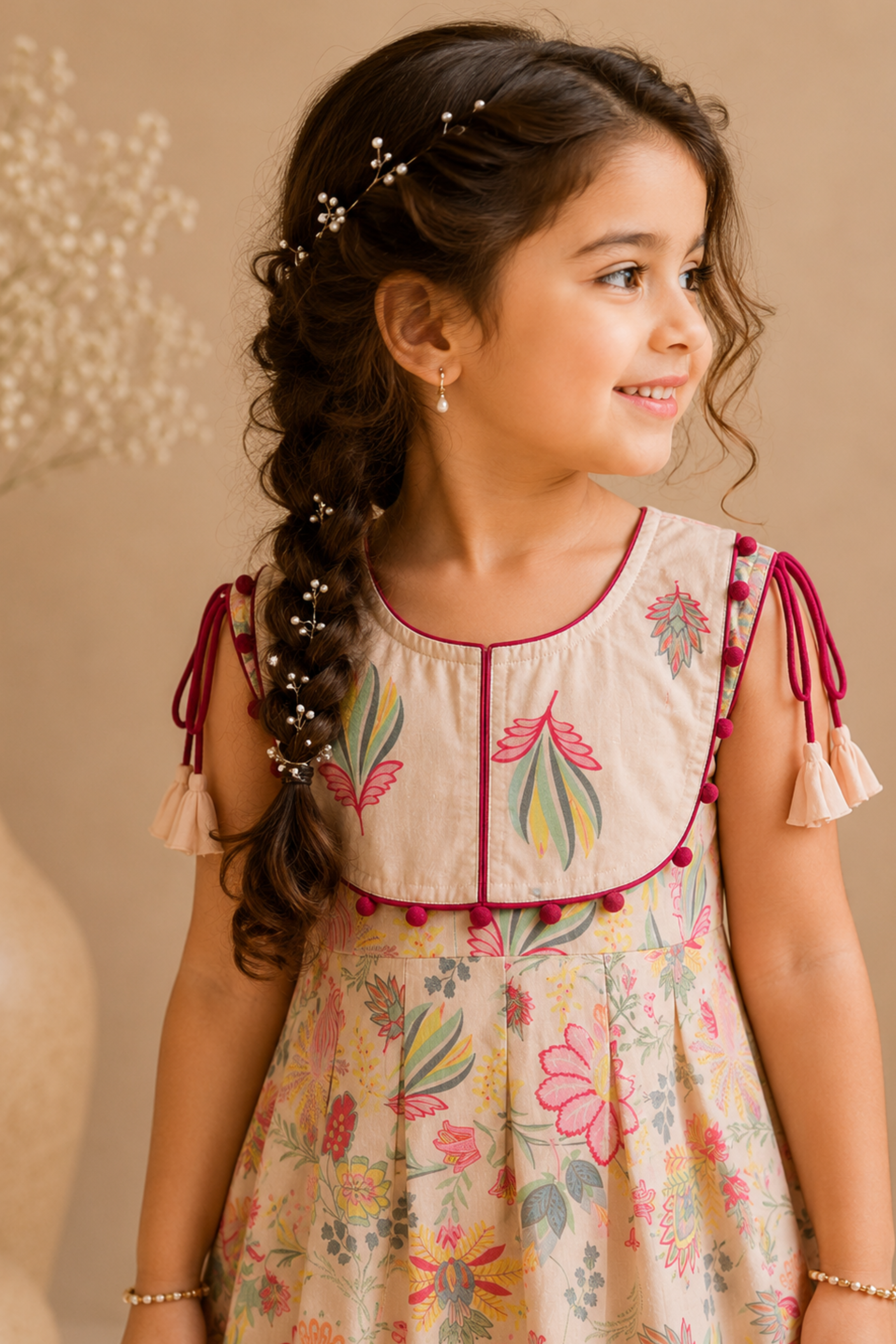 Girls Kohinoor Pure Cotton Peplum top with Sharara set - Off White