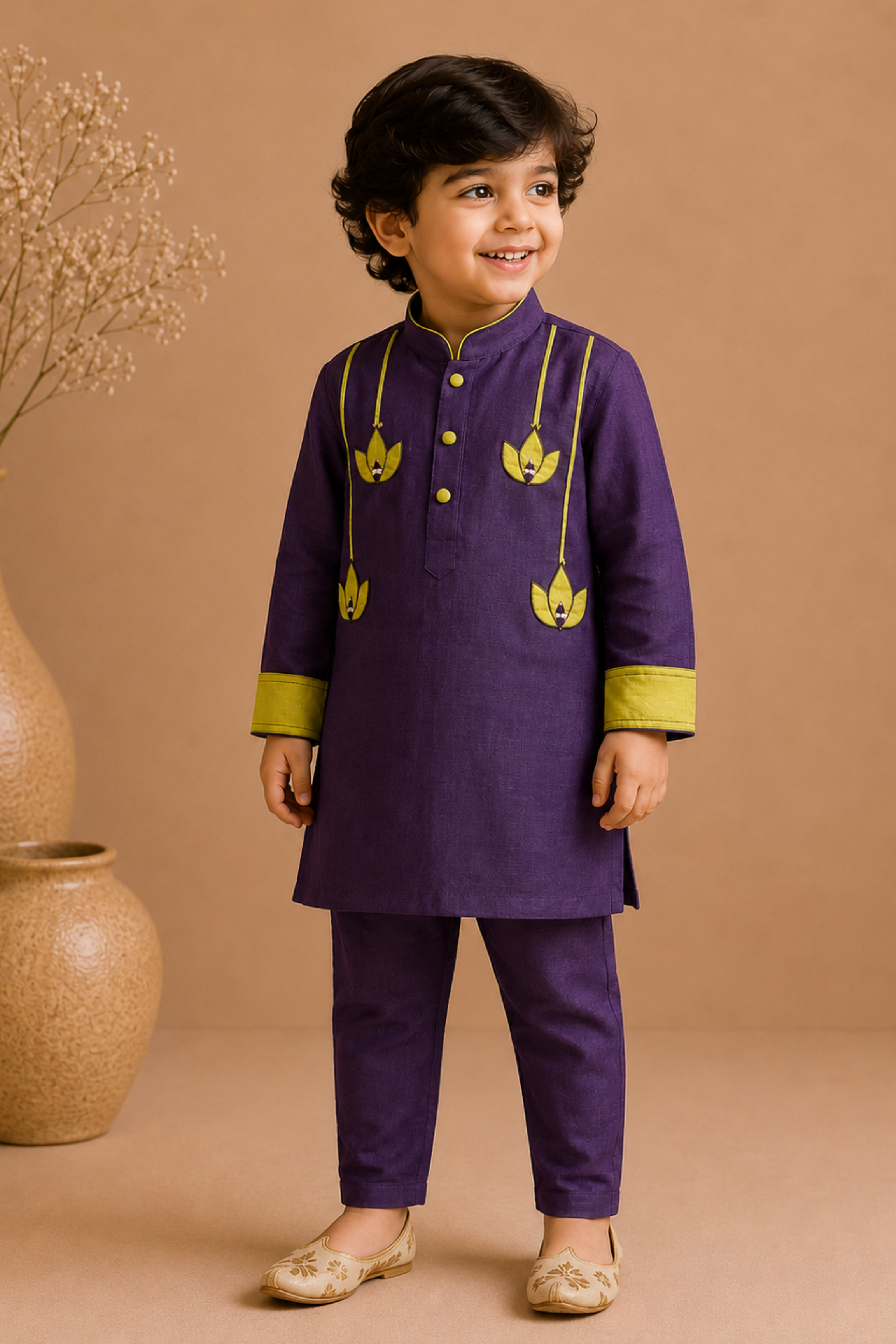 Boys Lotus Mul Chanderi Kurta Pant ethnic clothing set with applique work - Aubergine