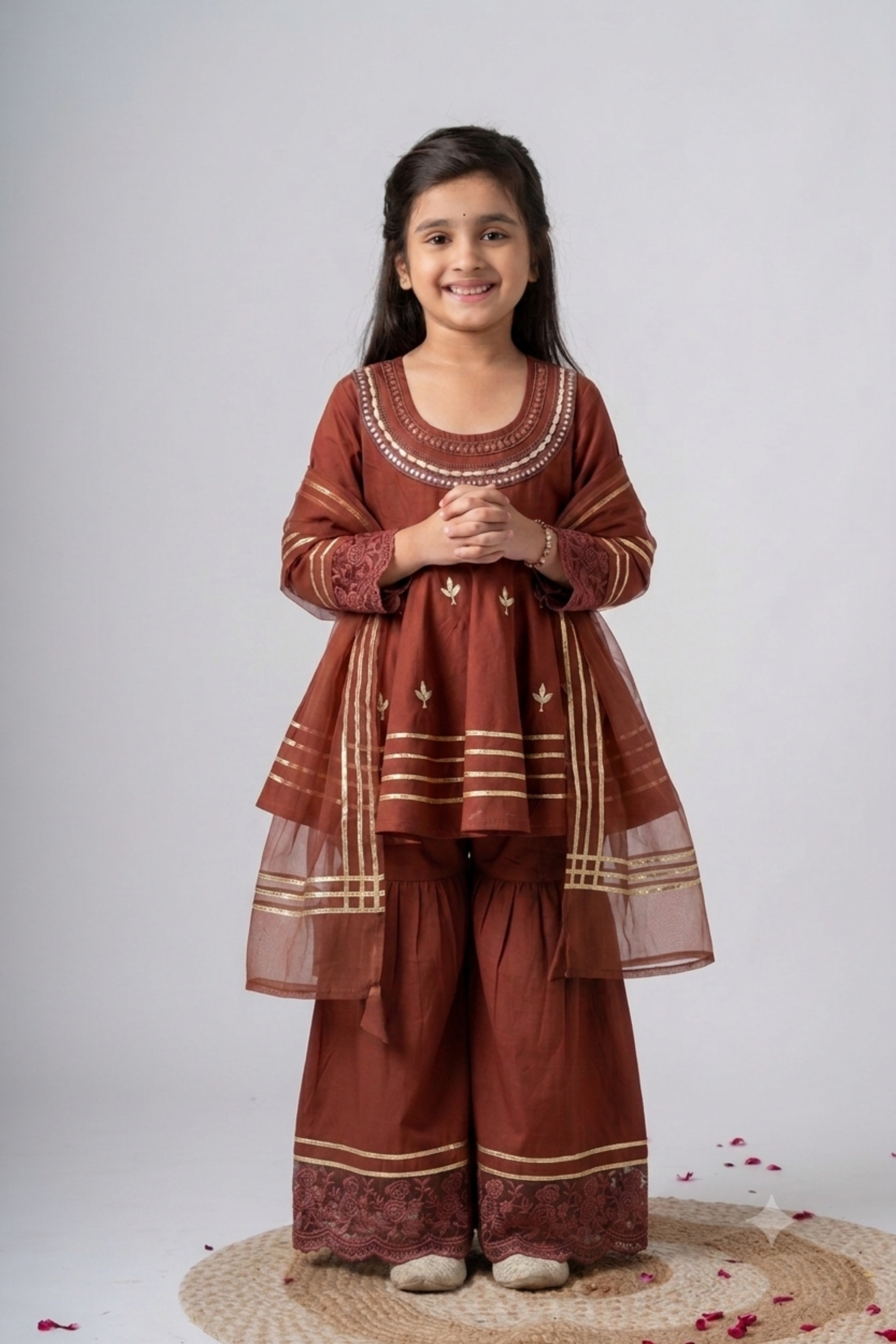 Girls Ambar Kurti and Sharara ethnic set with Dupatta - Rust