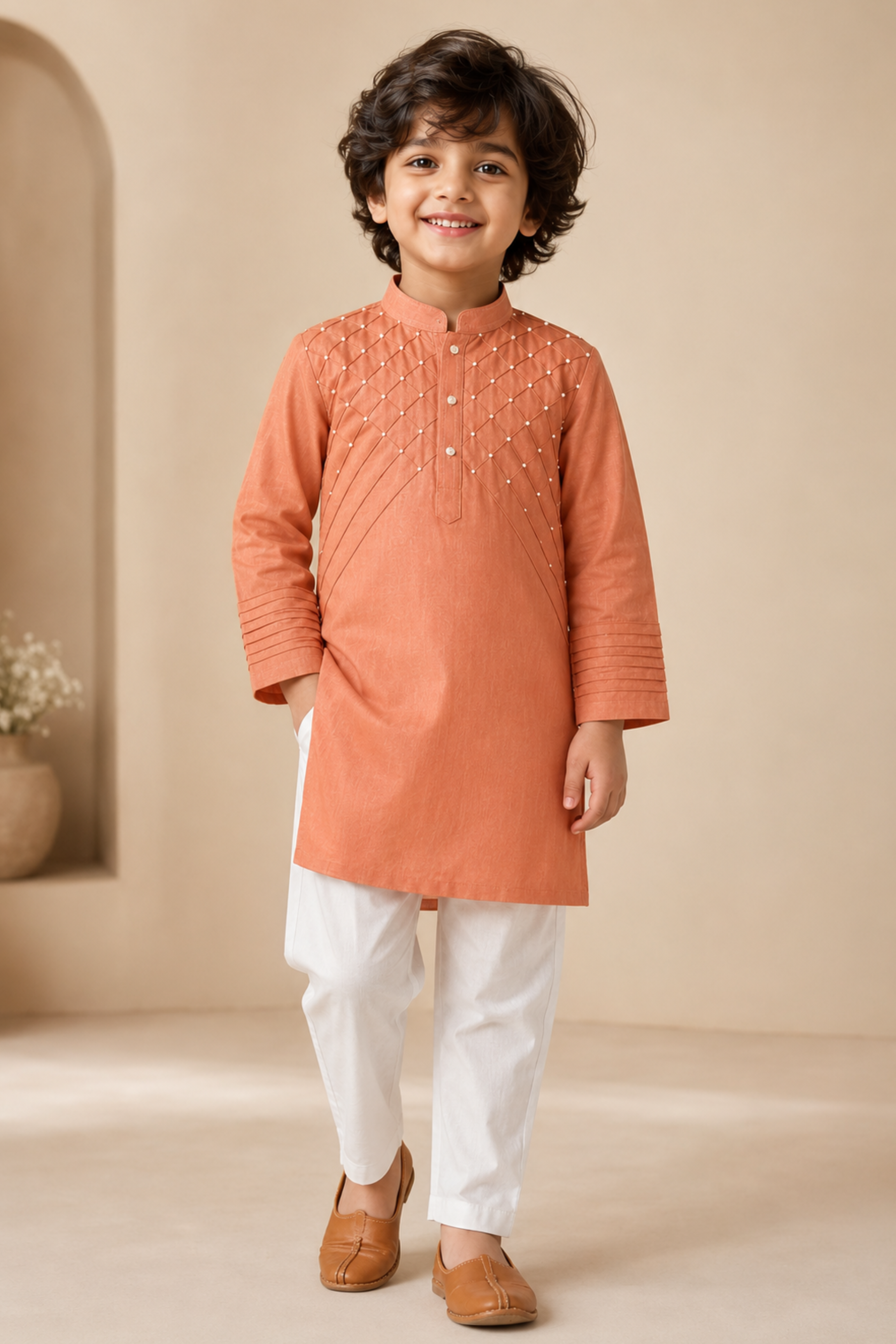 Boys Yuvraj Linen Kurta Pant ethnic clothing set with bead work - Peach