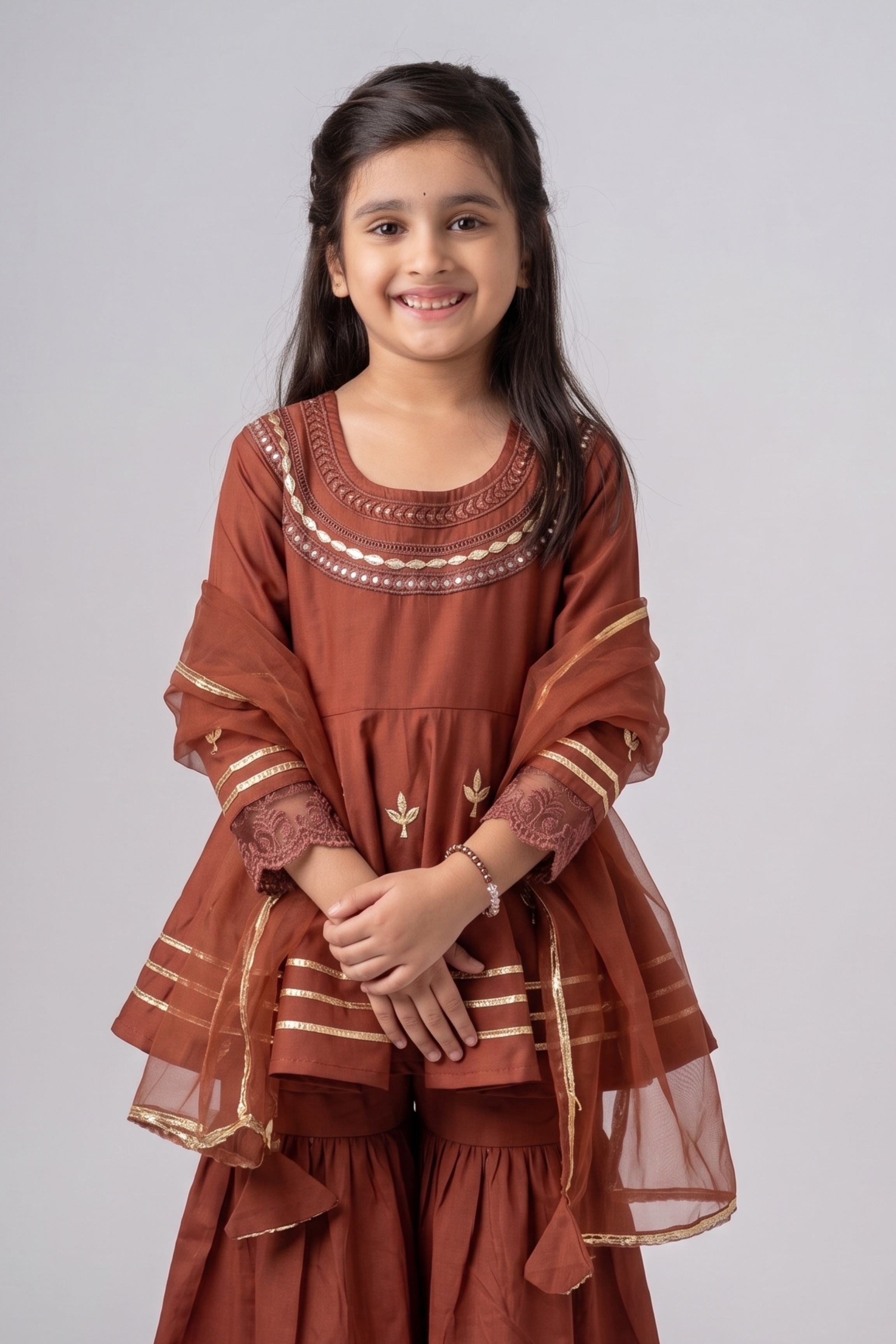 Girls Ambar Kurti and Sharara ethnic set with Dupatta - Rust