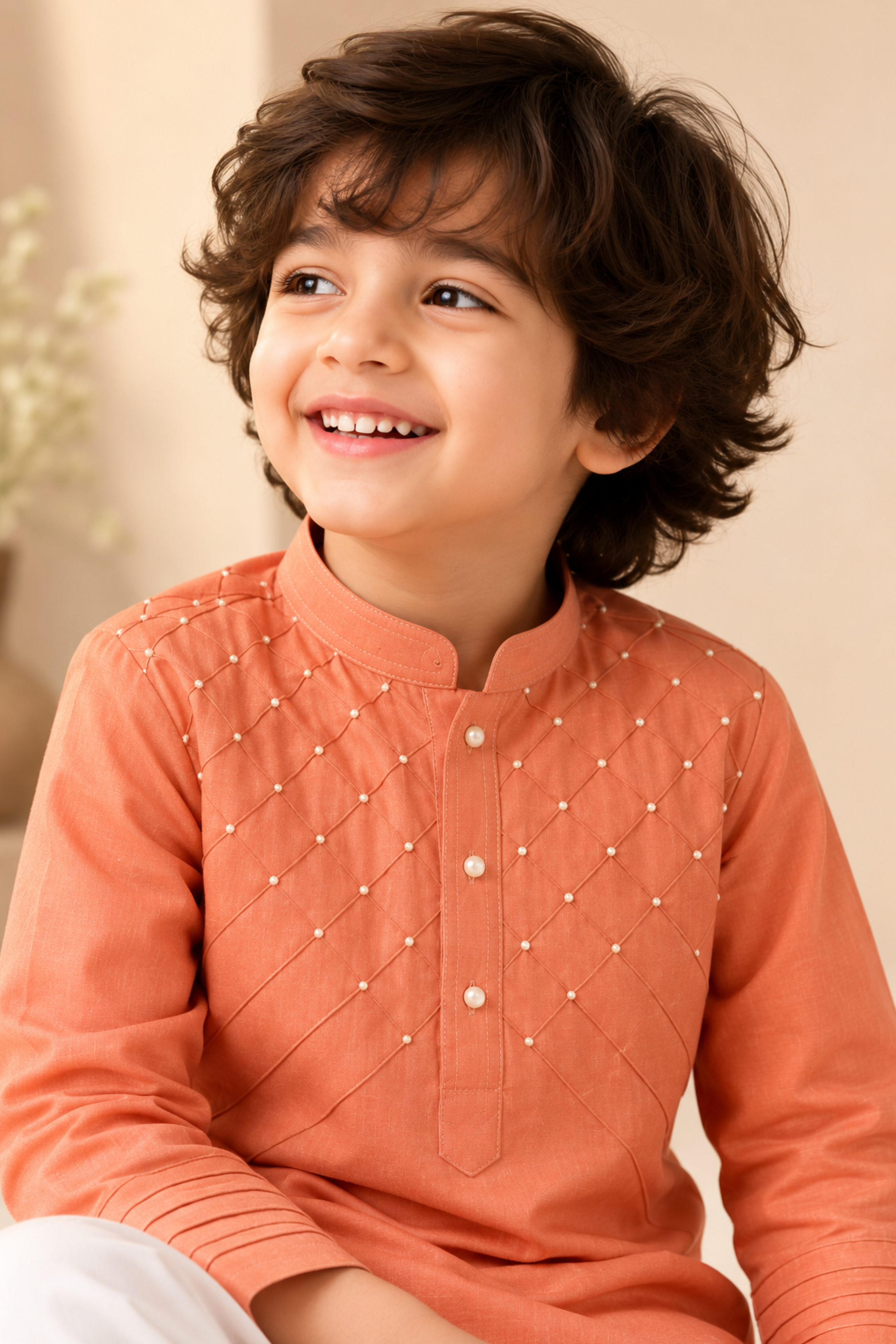 Boys Yuvraj Linen Kurta Pant ethnic clothing set with bead work - Peach