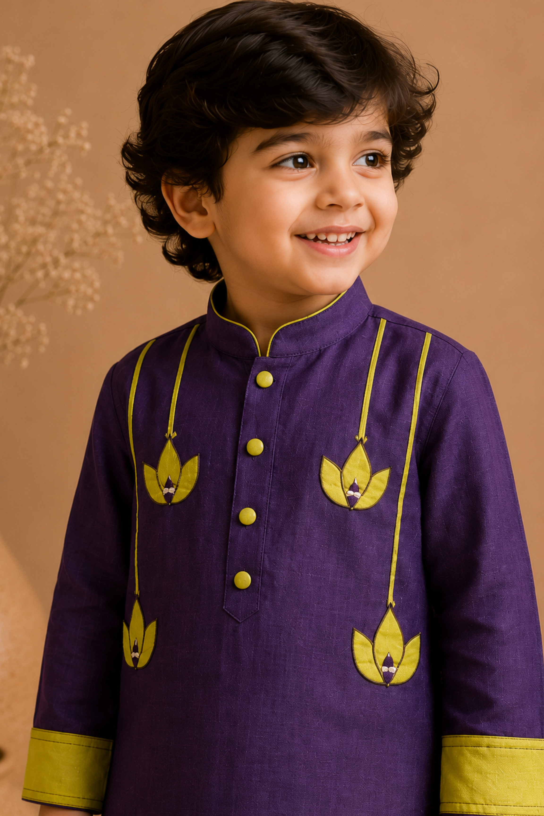 Boys Lotus Mul Chanderi Kurta Pant ethnic clothing set with applique work - Aubergine