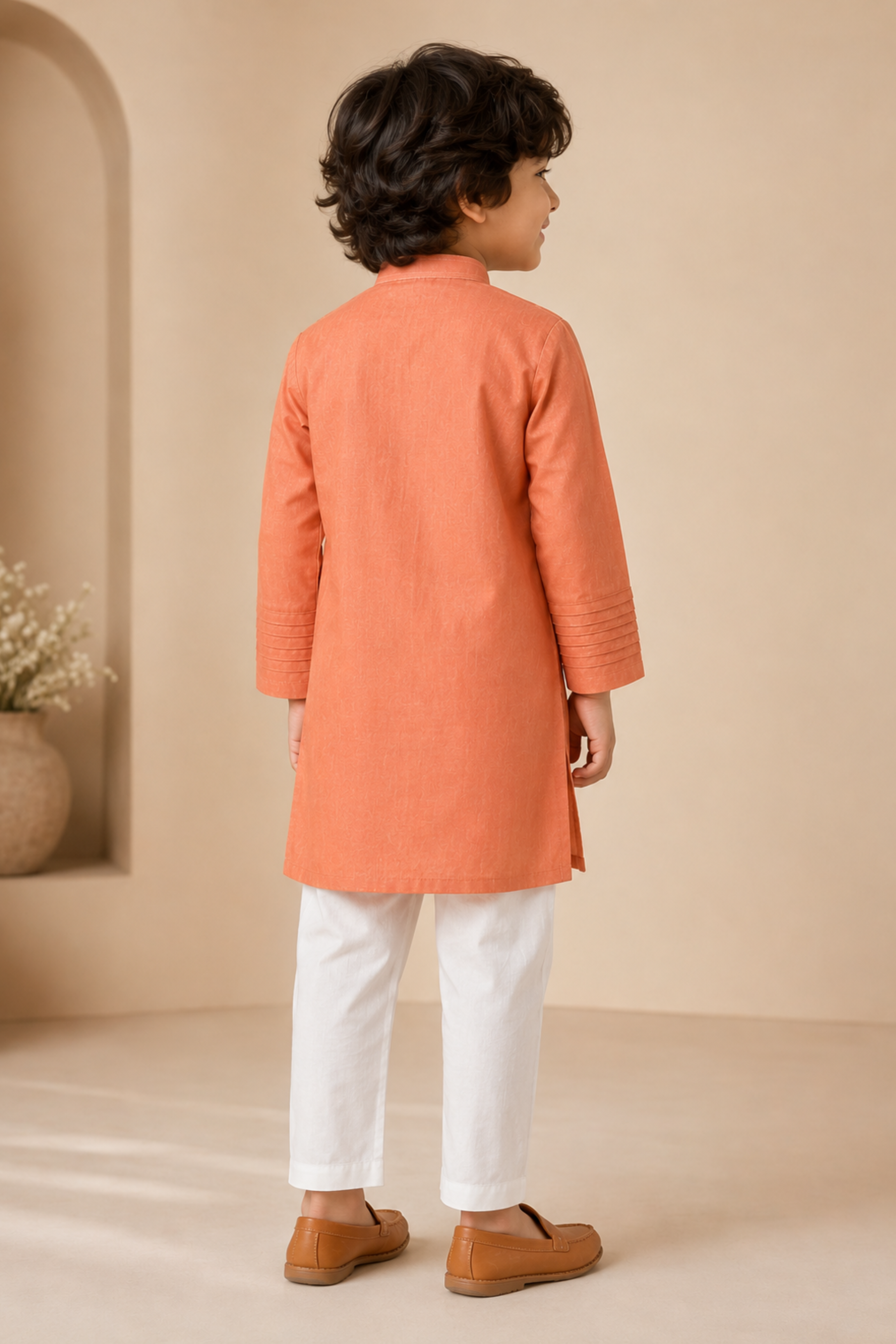 Boys Yuvraj Linen Kurta Pant ethnic clothing set with bead work - Peach