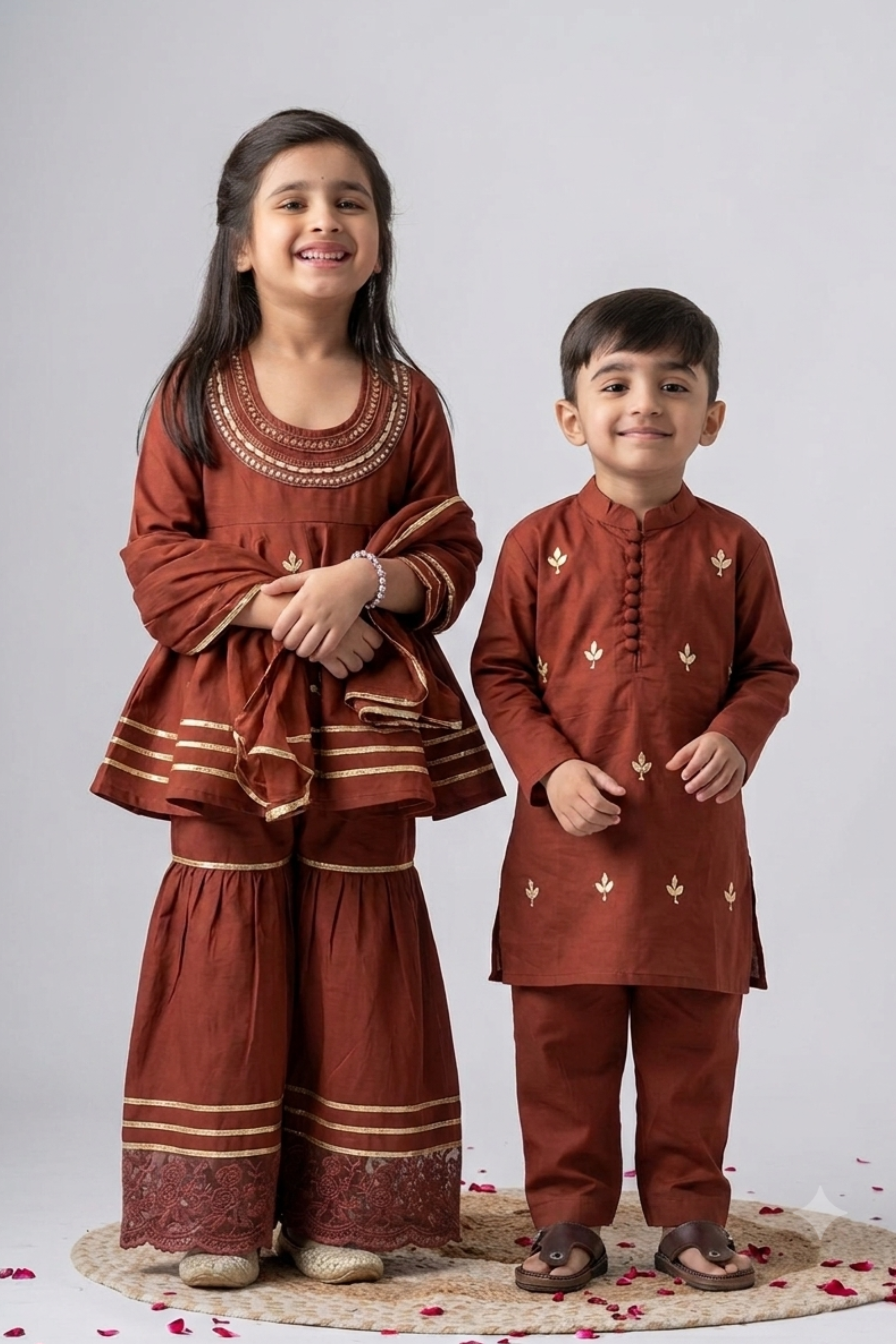 Girls Ambar Kurti and Sharara ethnic set with Dupatta - Rust