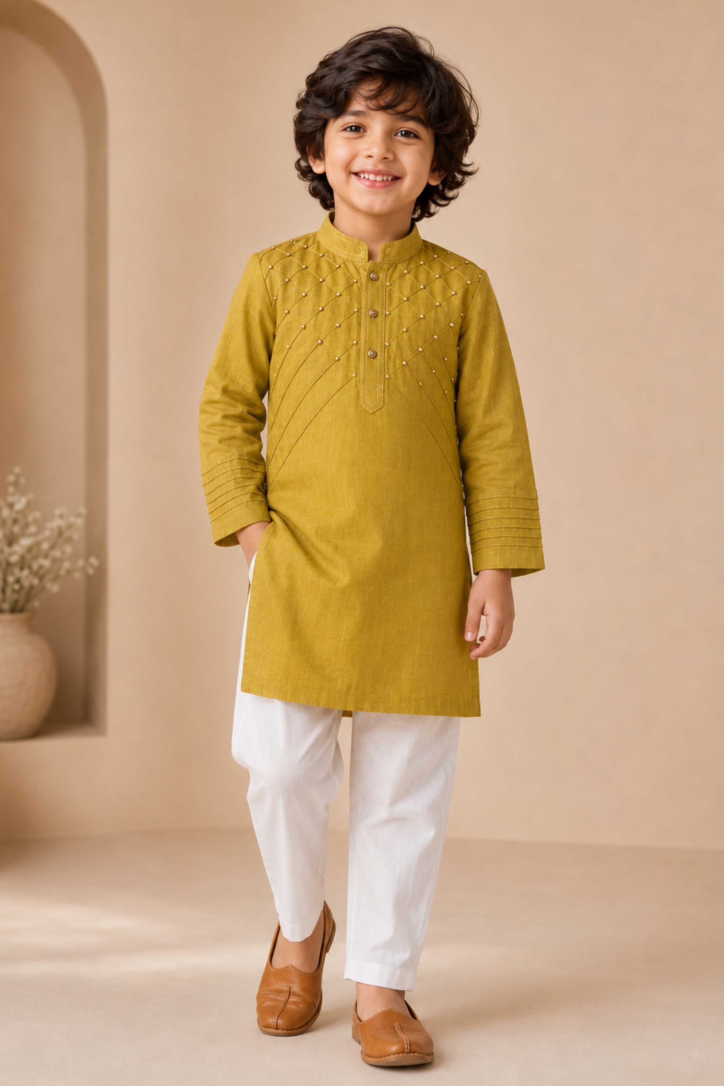 Boys Yuvraj Linen Kurta Pant ethnic clothing set with bead work - Mustard Yellow