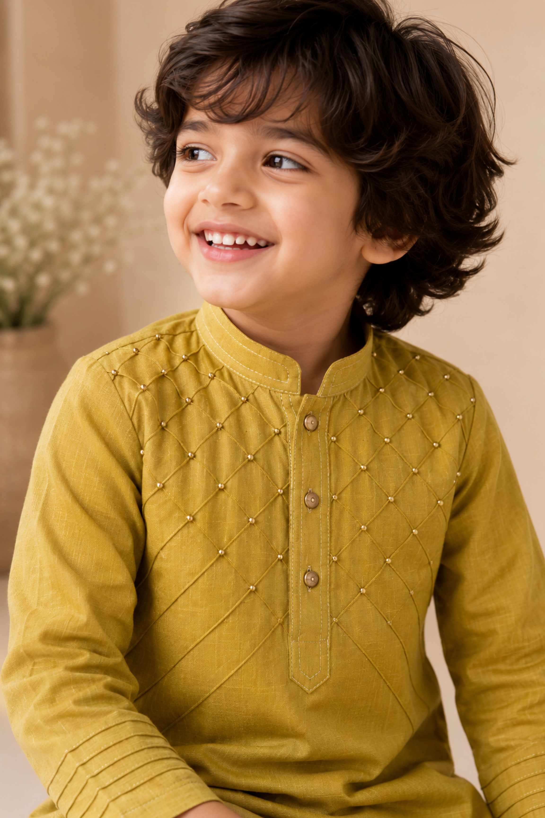 Boys Yuvraj Linen Kurta Pant ethnic clothing set with bead work - Mustard Yellow