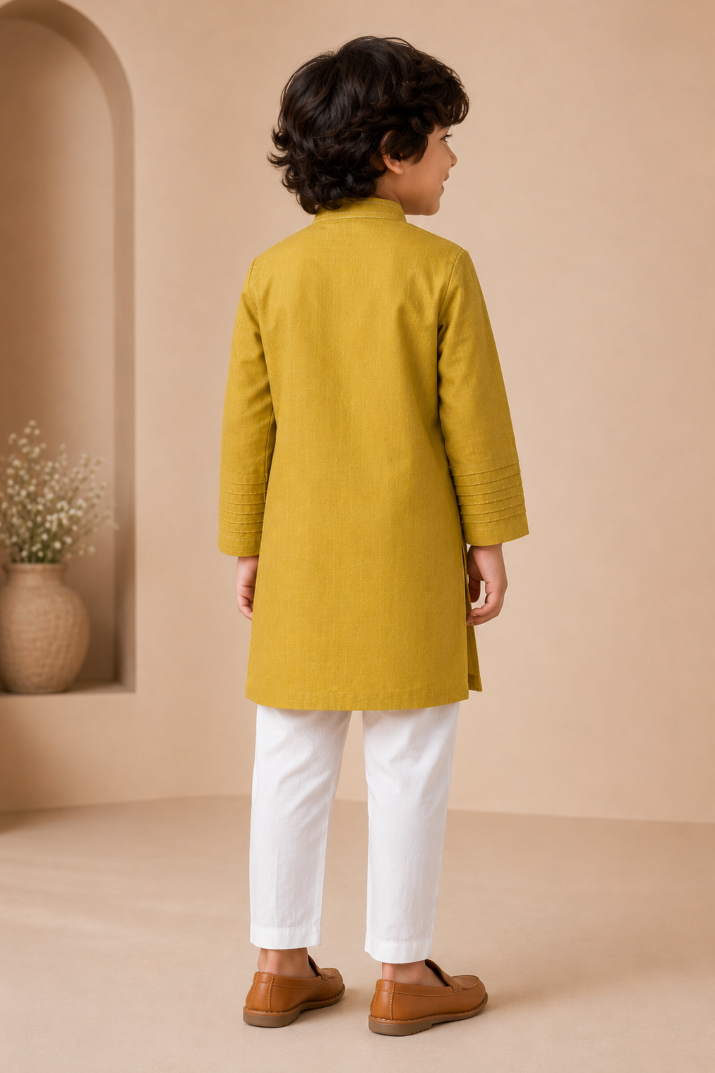 Boys Yuvraj Linen Kurta Pant ethnic clothing set with bead work - Mustard Yellow