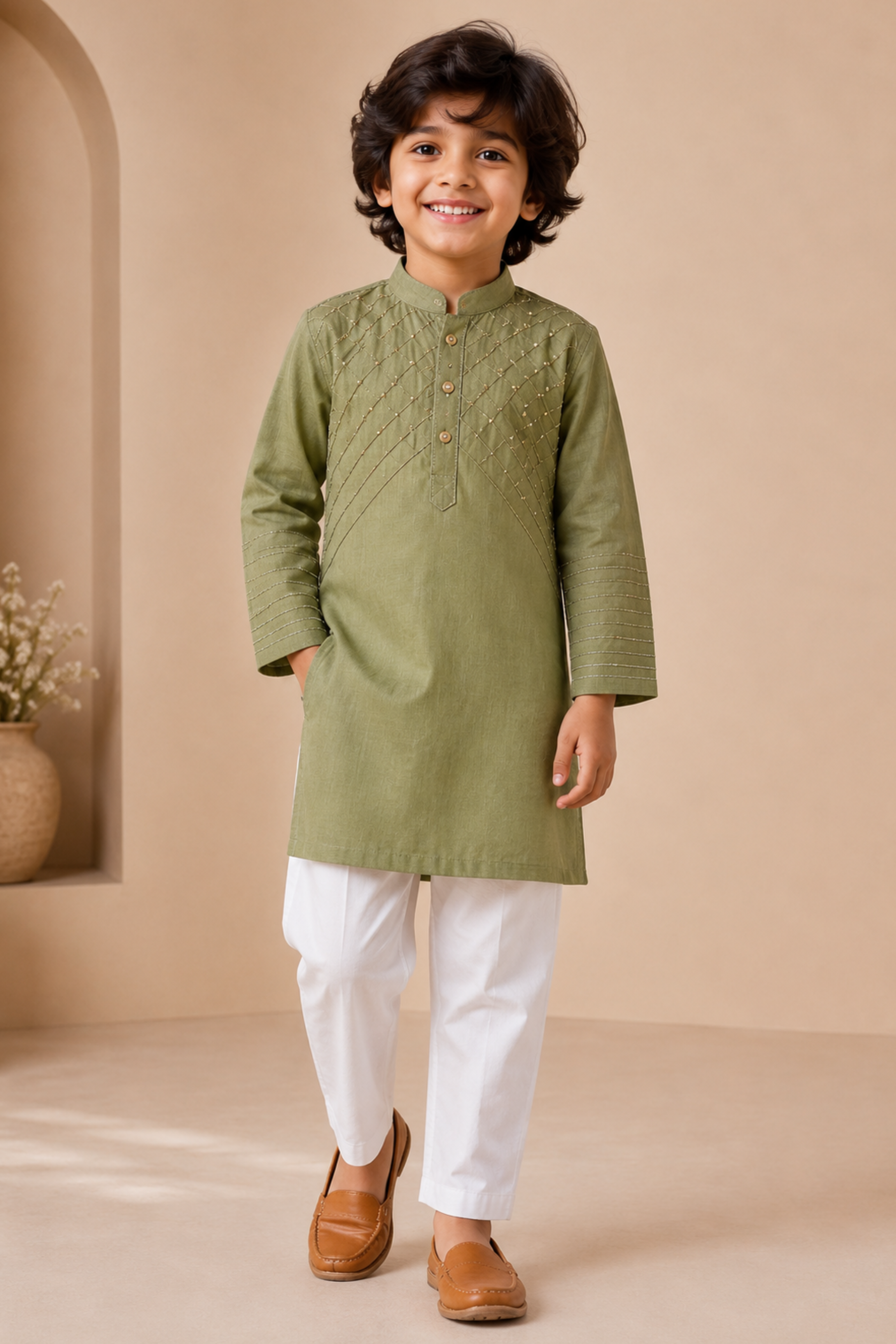 Boys Yuvraj Linen Kurta Pant ethnic clothing set with bead work - Henna Green