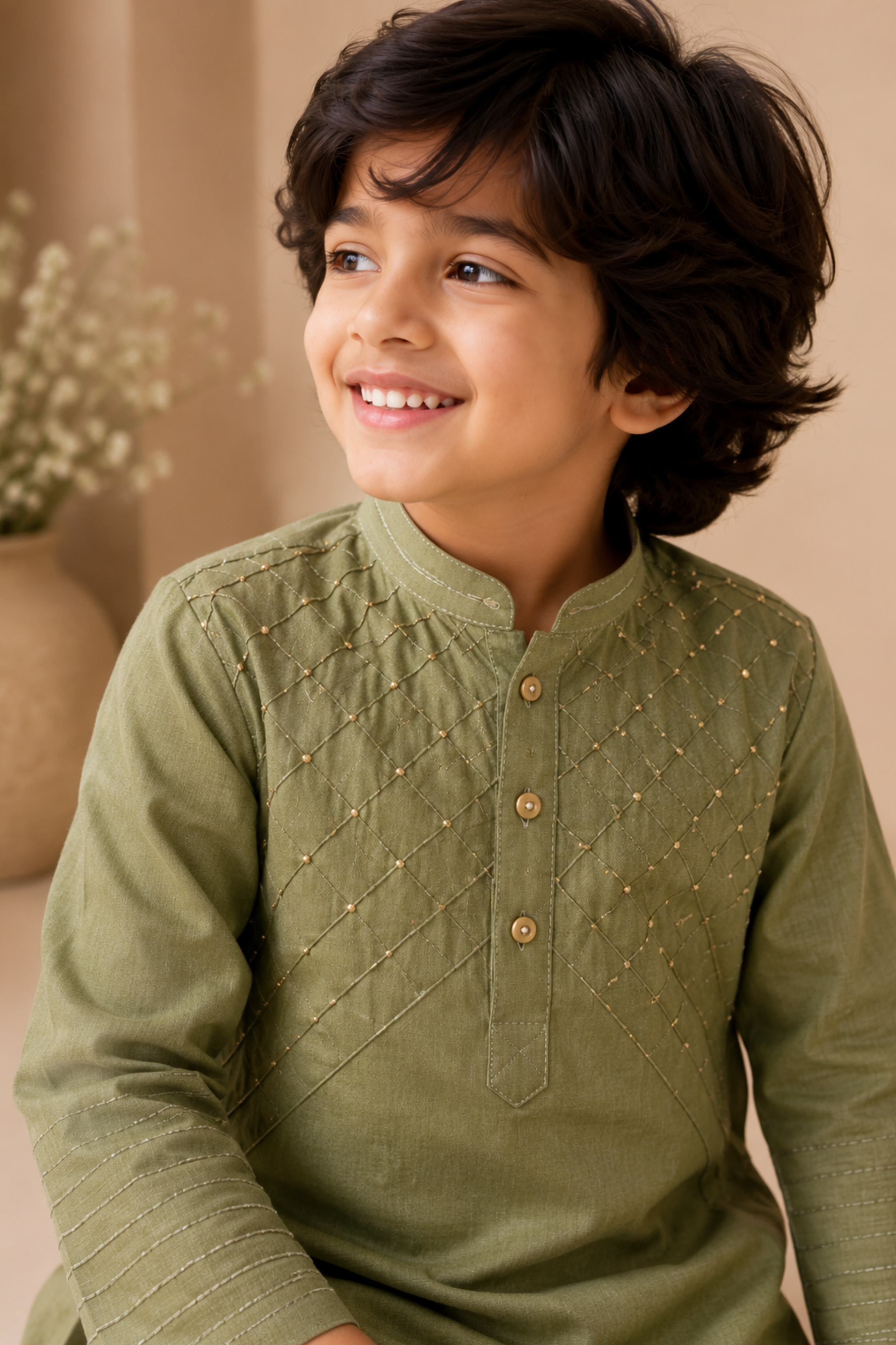 Boys Yuvraj Linen Kurta Pant ethnic clothing set with bead work - Henna Green