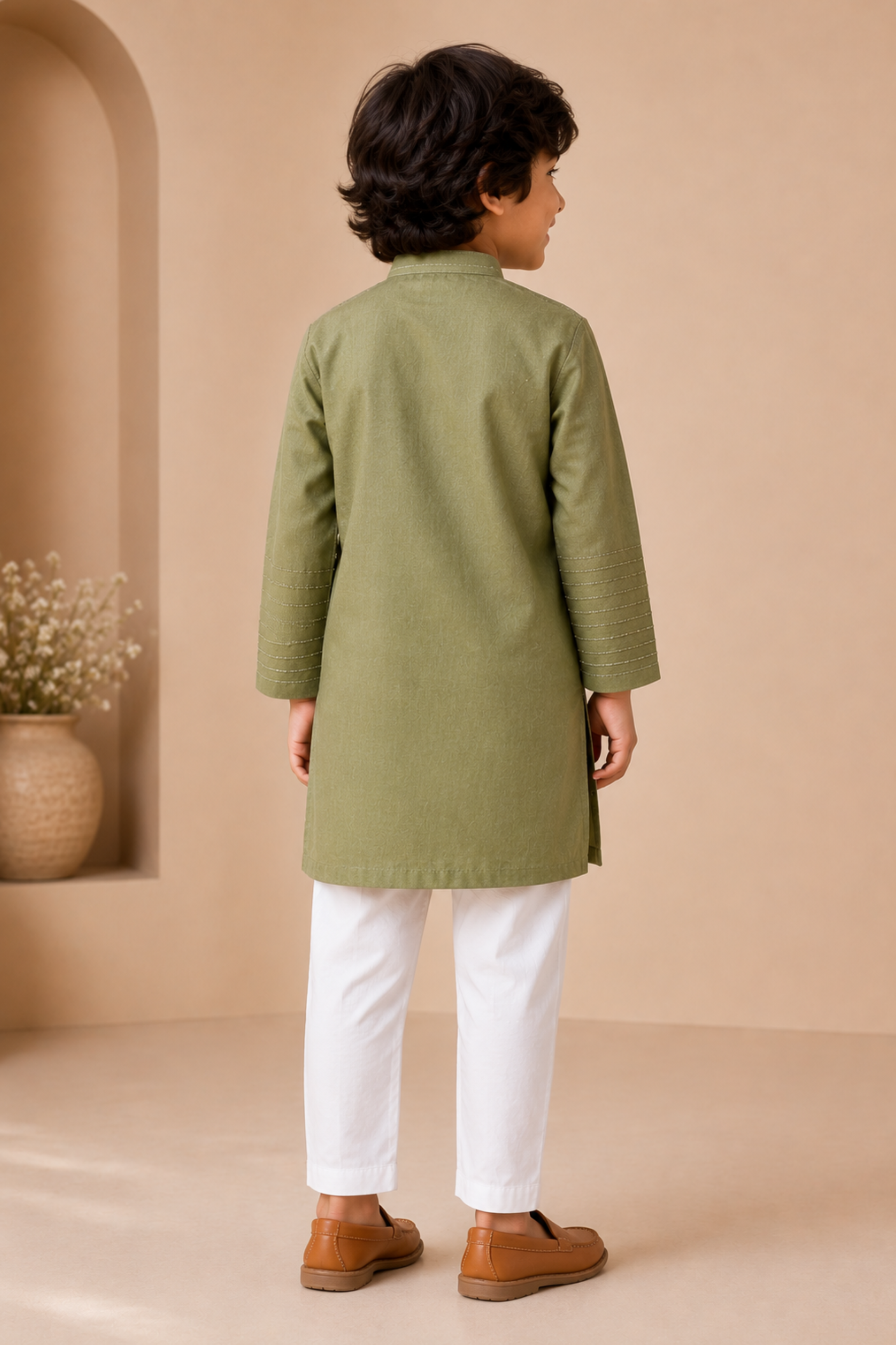 Boys Yuvraj Linen Kurta Pant ethnic clothing set with bead work - Henna Green