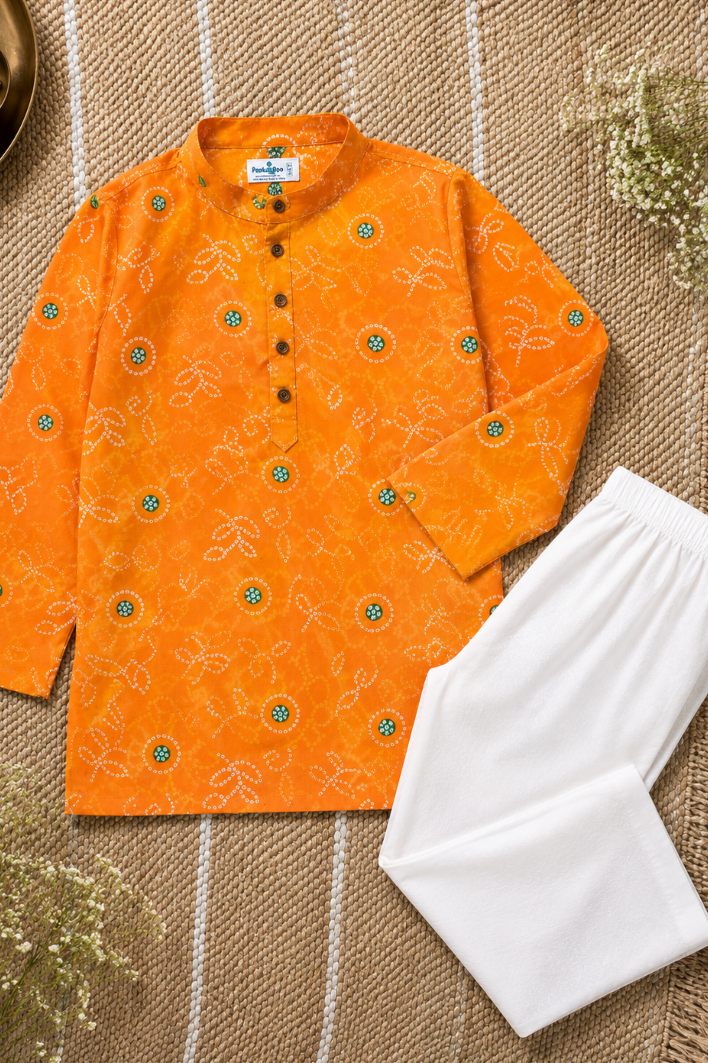 Boys Bandhej Pure Cotton Ethnic Clothing set - Yellow Bandhej