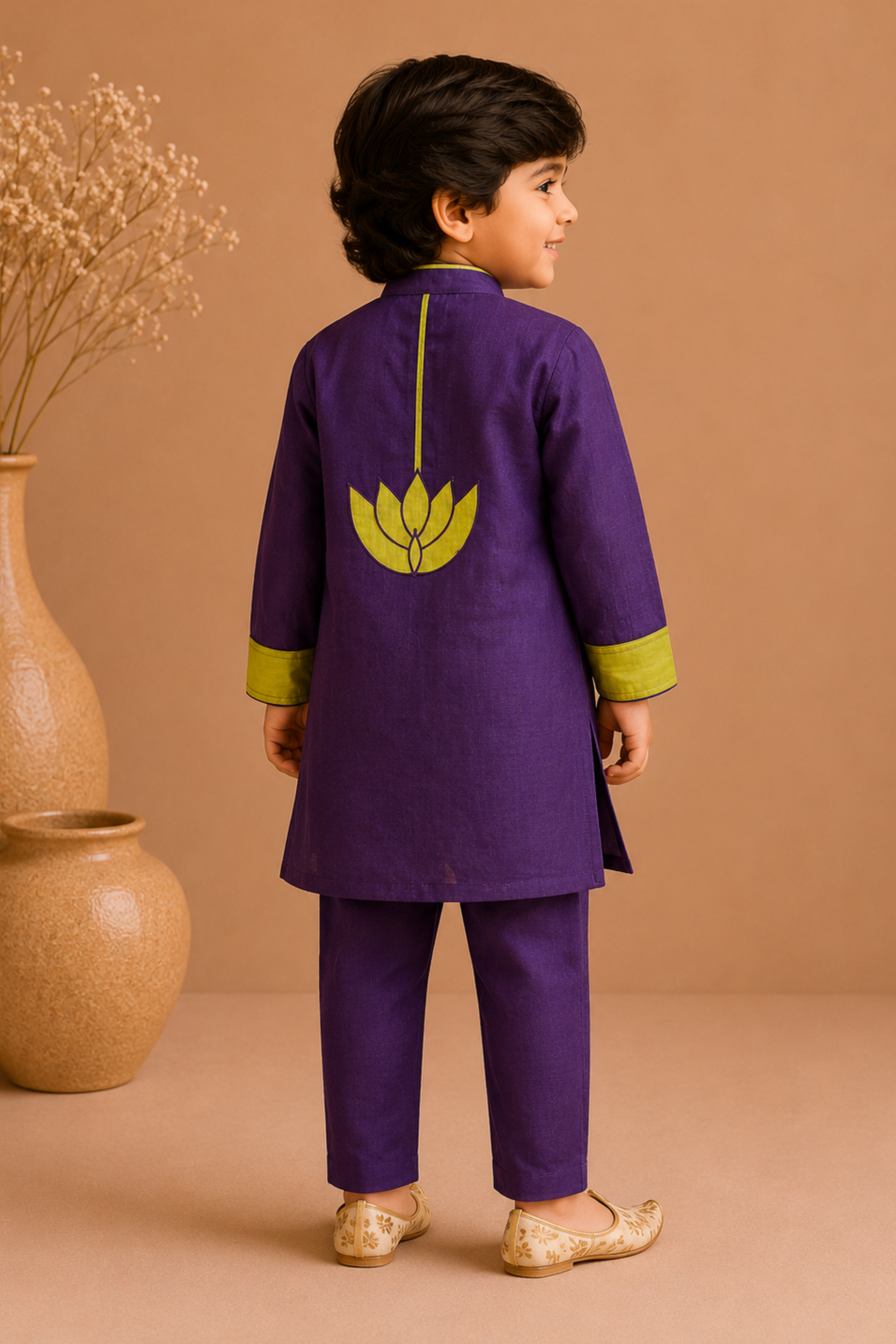Boys Lotus Mul Chanderi Kurta Pant ethnic clothing set with applique work - Aubergine
