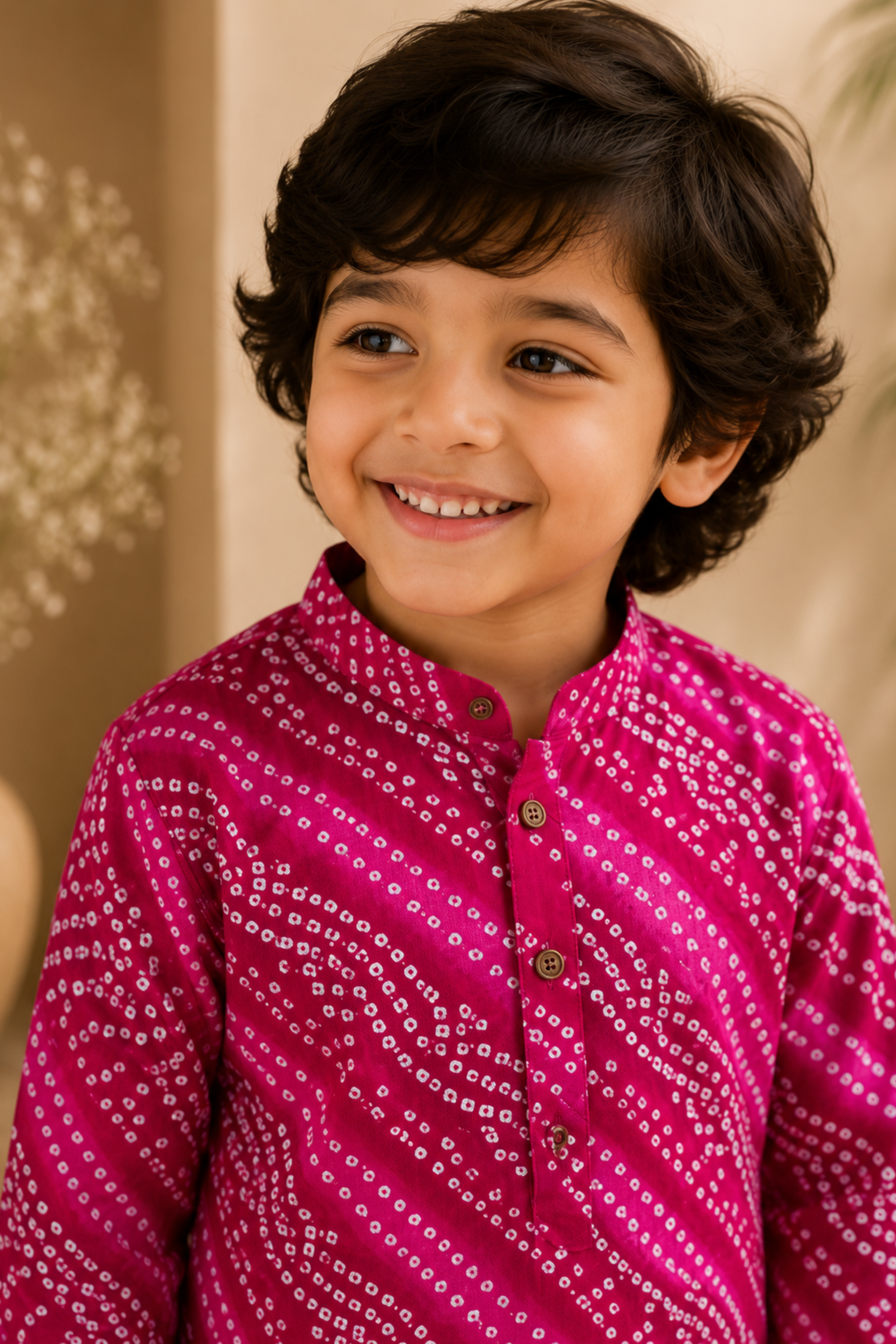 Boys Bandhej Pure Cotton Ethnic Clothing set - Pink Magenta Bandhej