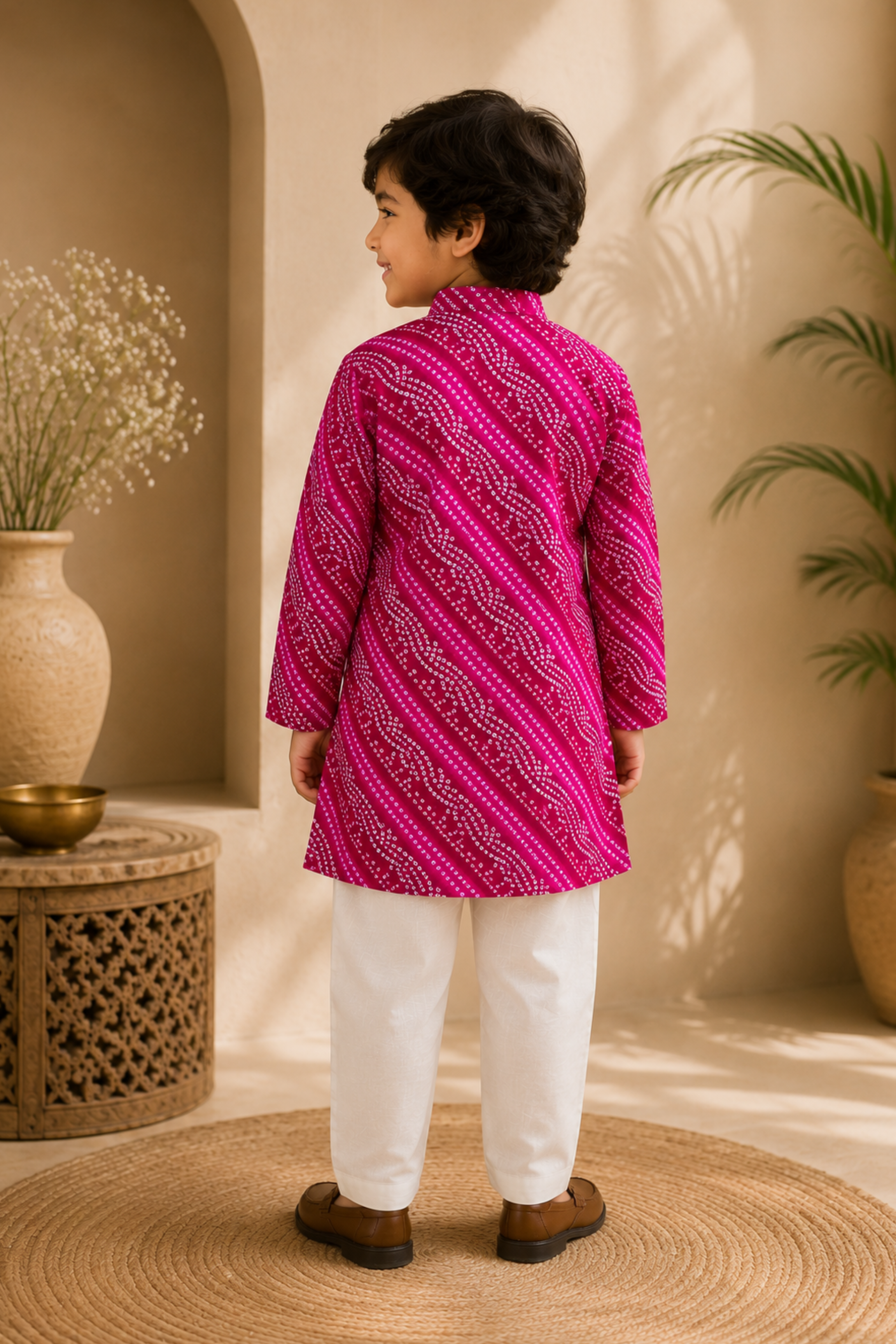 Boys Bandhej Pure Cotton Ethnic Clothing set - Pink Magenta Bandhej