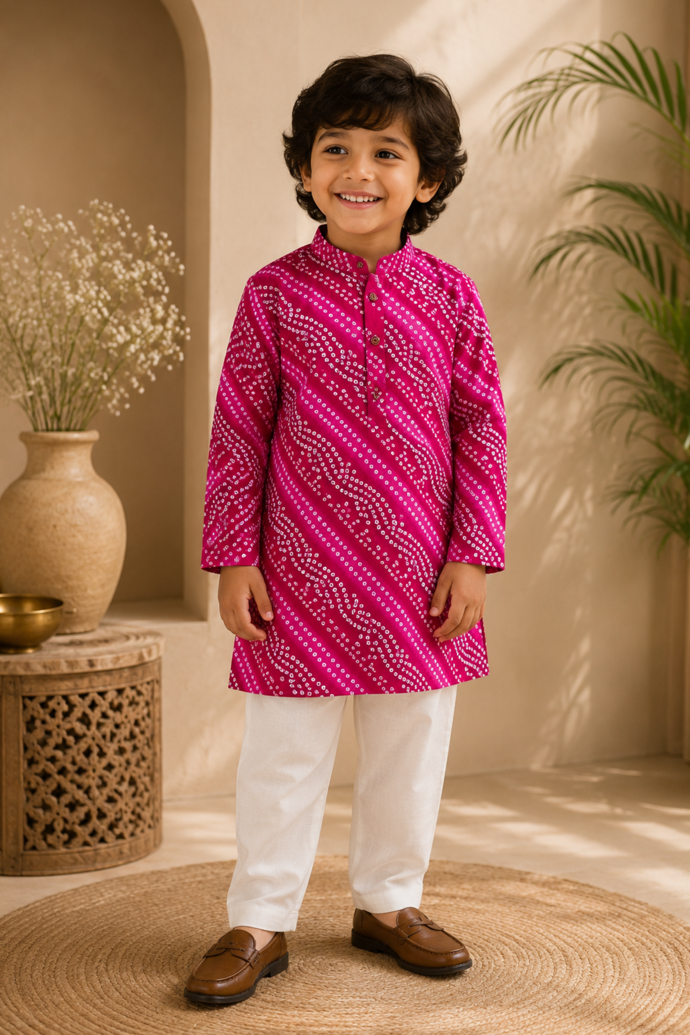 Boys Bandhej Pure Cotton Ethnic Clothing set - Pink Magenta Bandhej