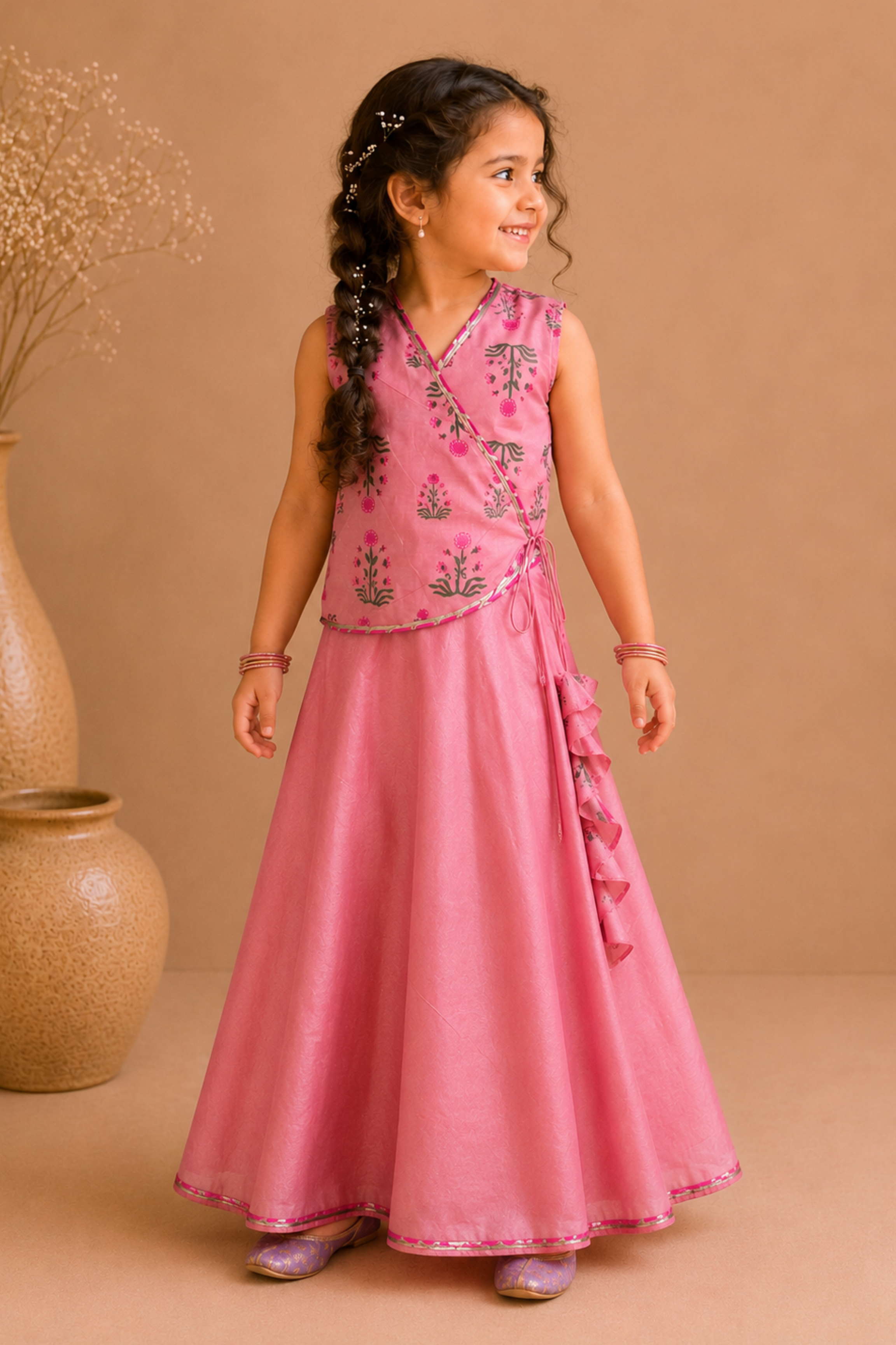Girls Chanderi Printed Angrakha top with Skirt - Salmon Pink