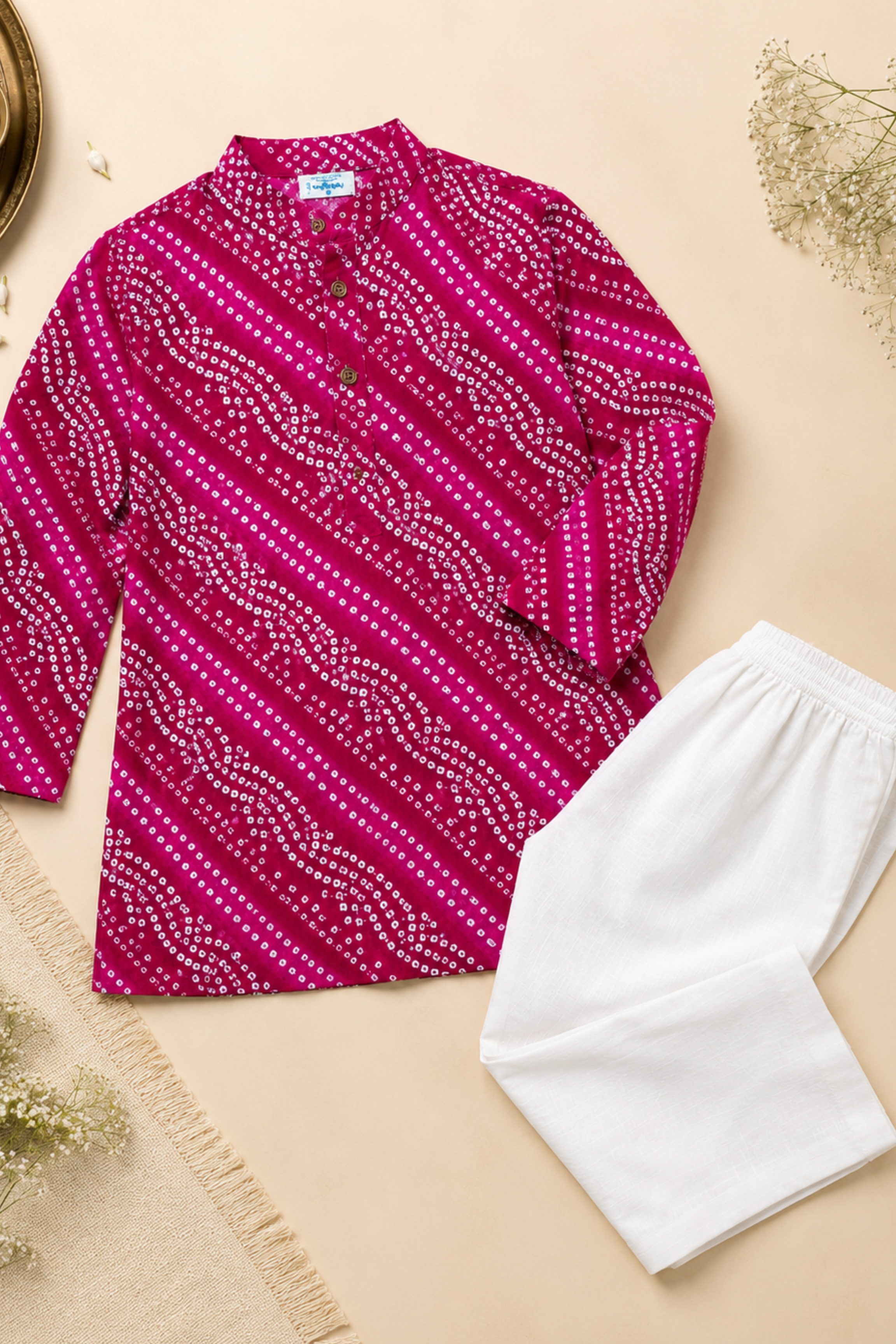 Boys Bandhej Pure Cotton Ethnic Clothing set - Pink Magenta Bandhej
