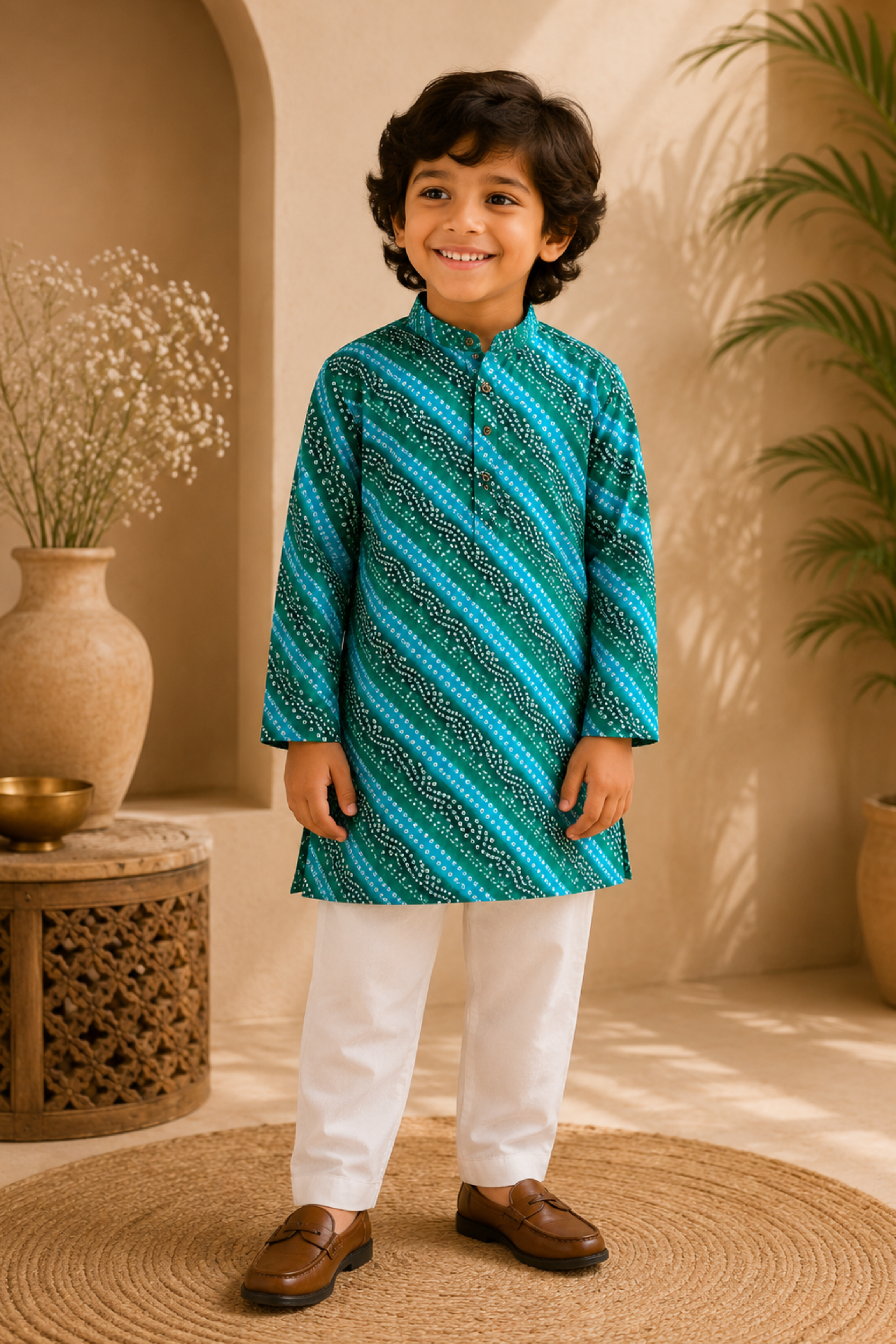 Boys Bandhej Pure Cotton Ethnic Clothing set - Blue Green Bandhej