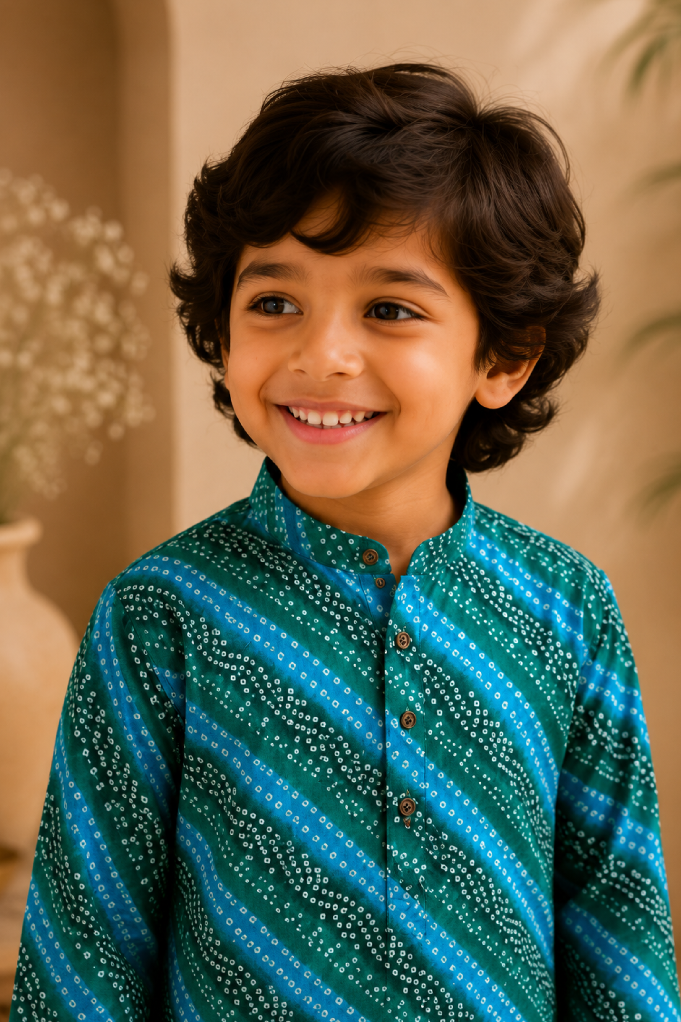 Boys Bandhej Pure Cotton Ethnic Clothing set - Blue Green Bandhej