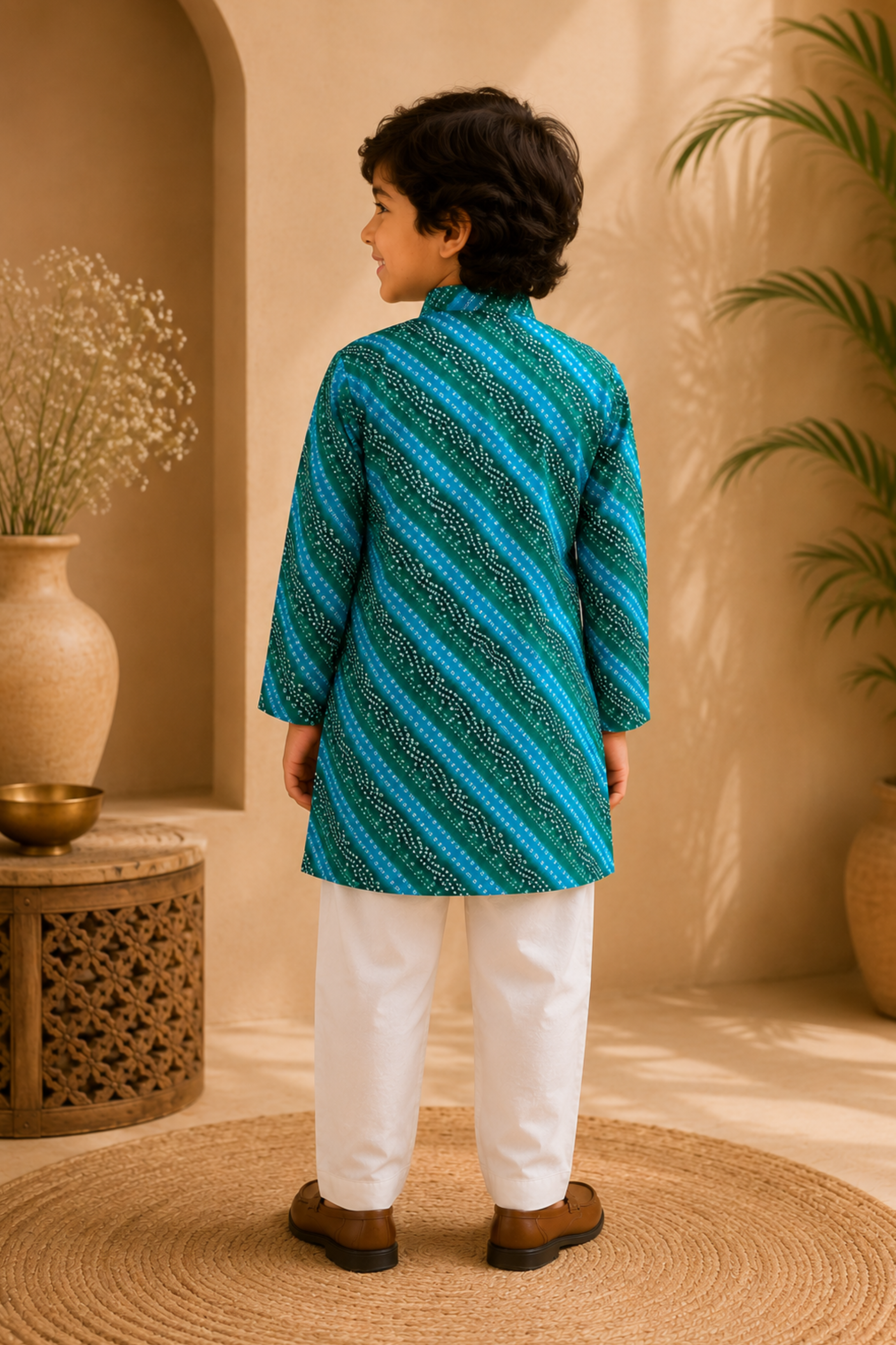 Boys Bandhej Pure Cotton Ethnic Clothing set - Blue Green Bandhej