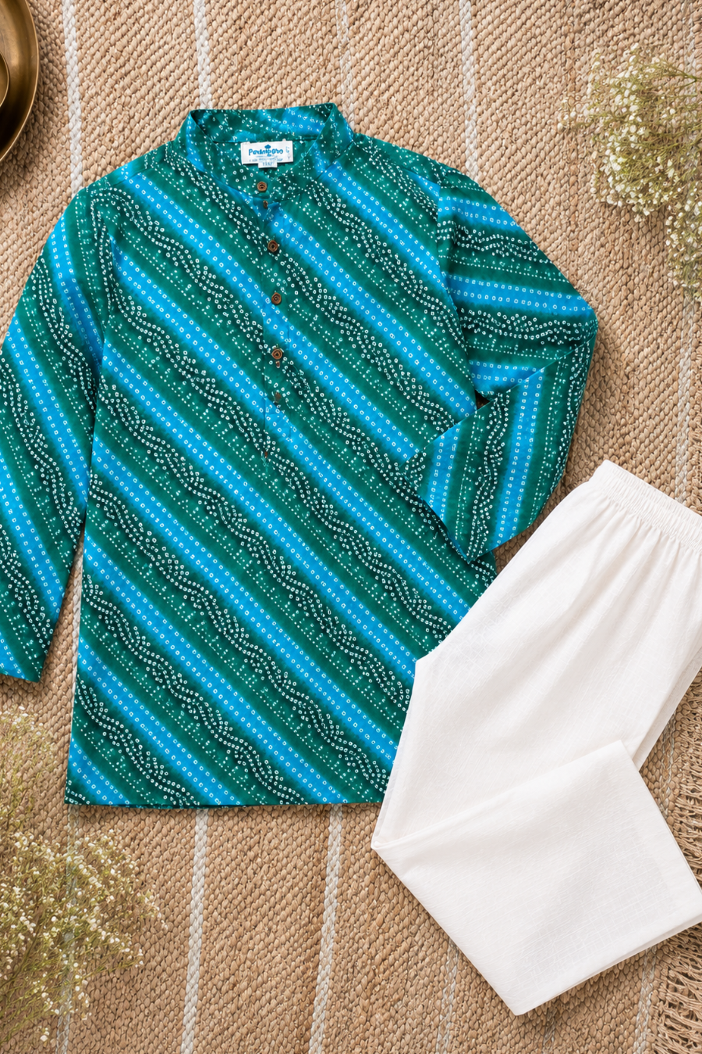 Boys Bandhej Pure Cotton Ethnic Clothing set - Blue Green Bandhej