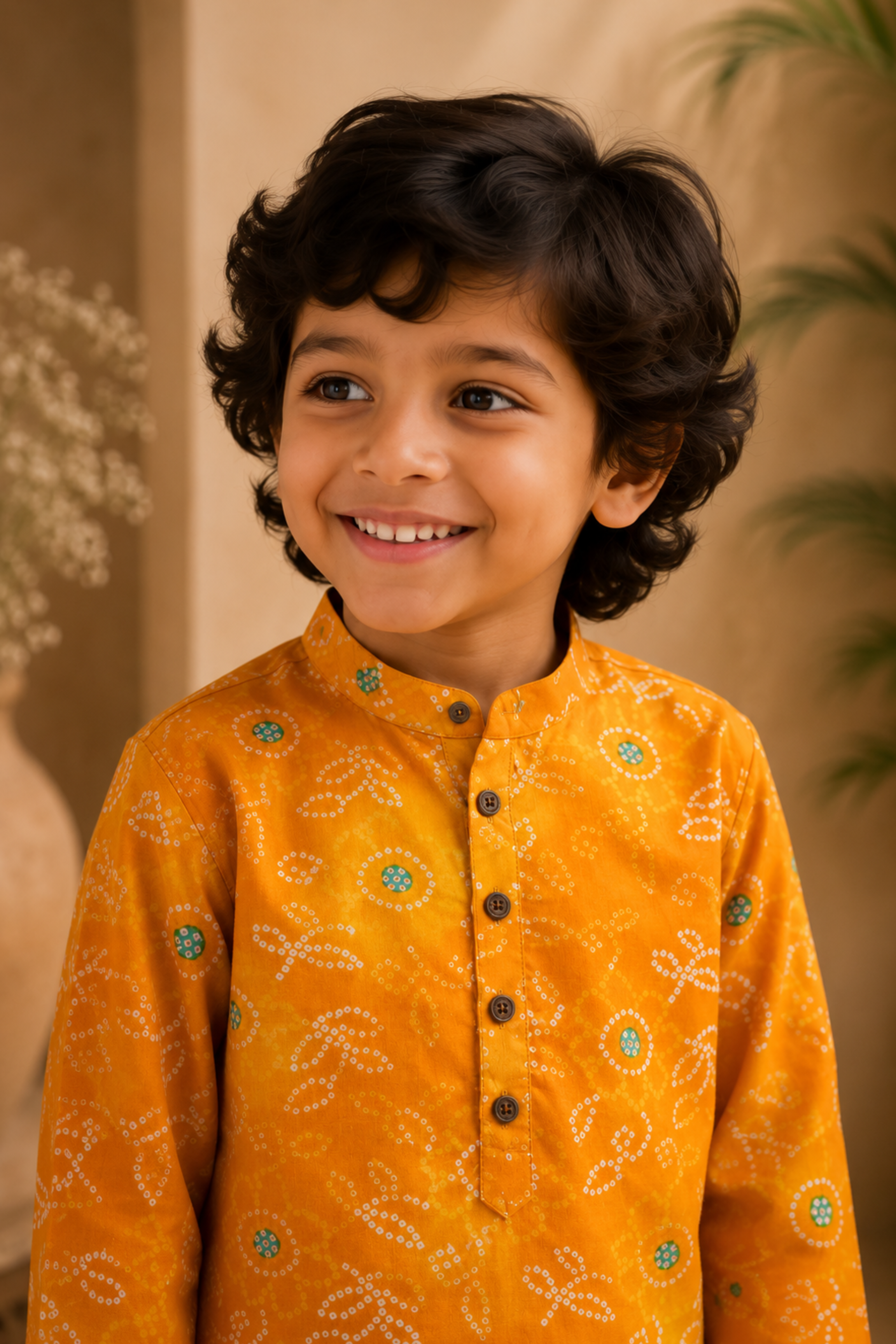 Boys Bandhej Pure Cotton Ethnic Clothing set - Yellow Bandhej