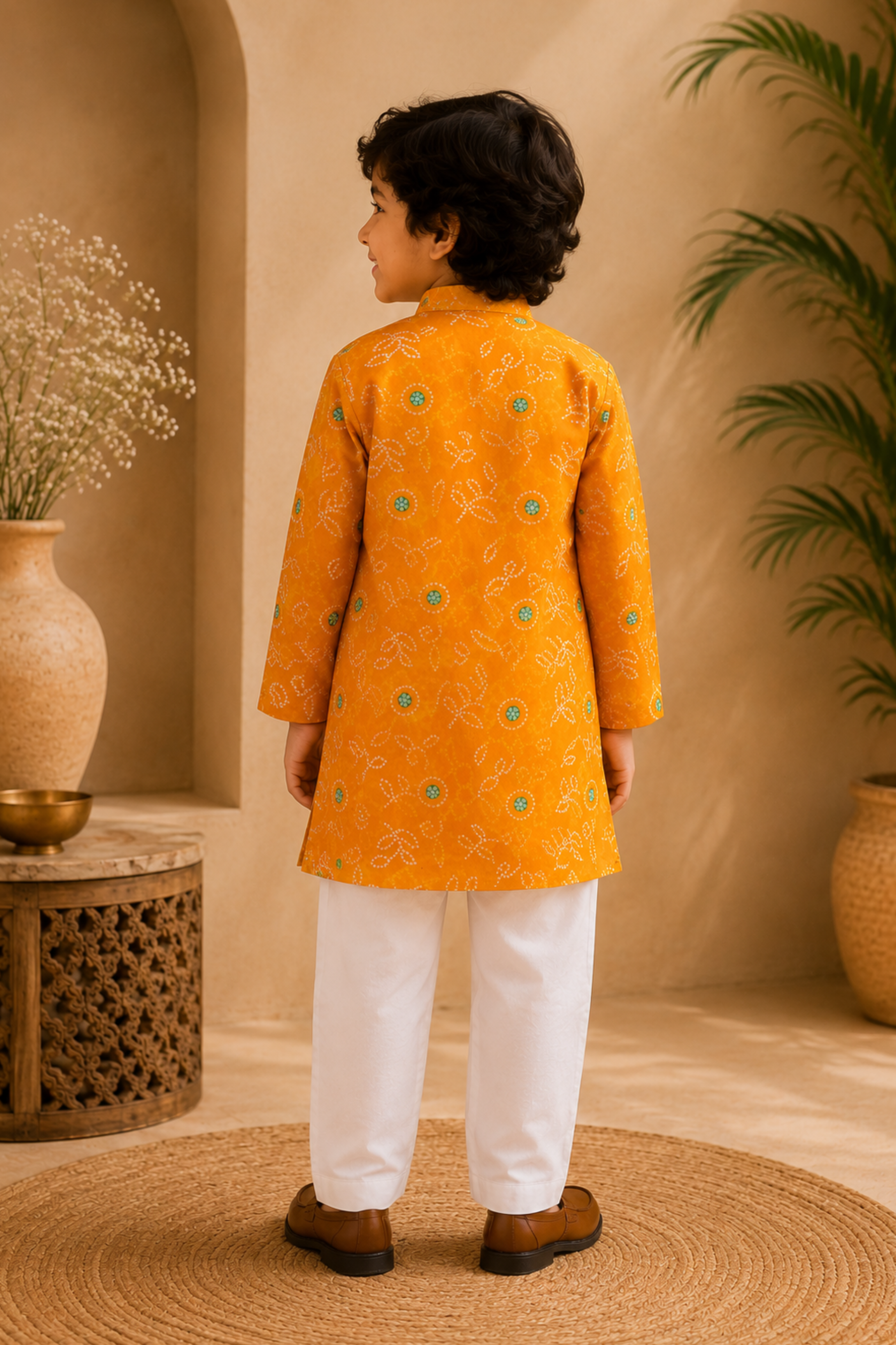 Boys Bandhej Pure Cotton Ethnic Clothing set - Yellow Bandhej