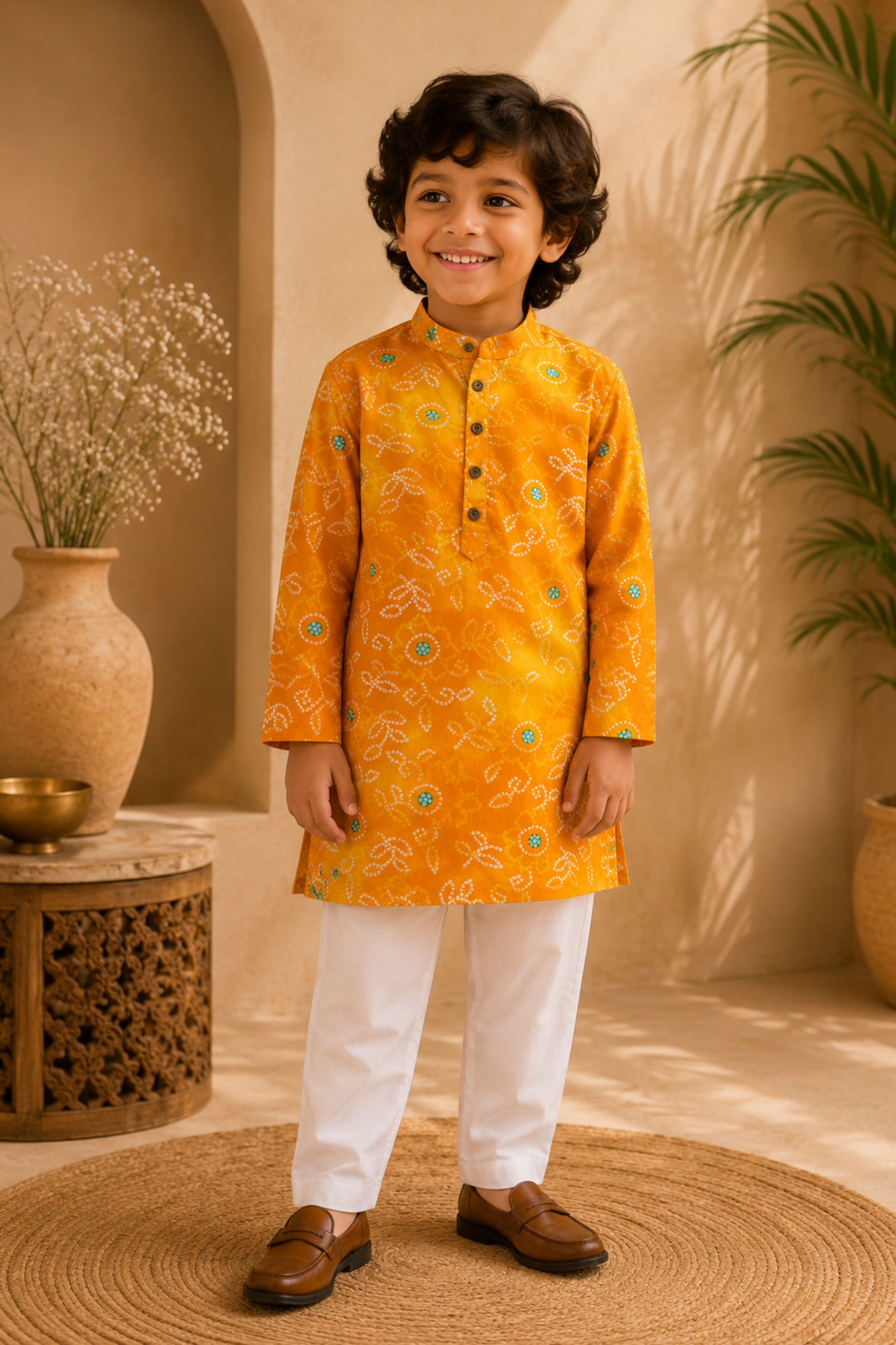 Boys Bandhej Pure Cotton Ethnic Clothing set - Yellow Bandhej
