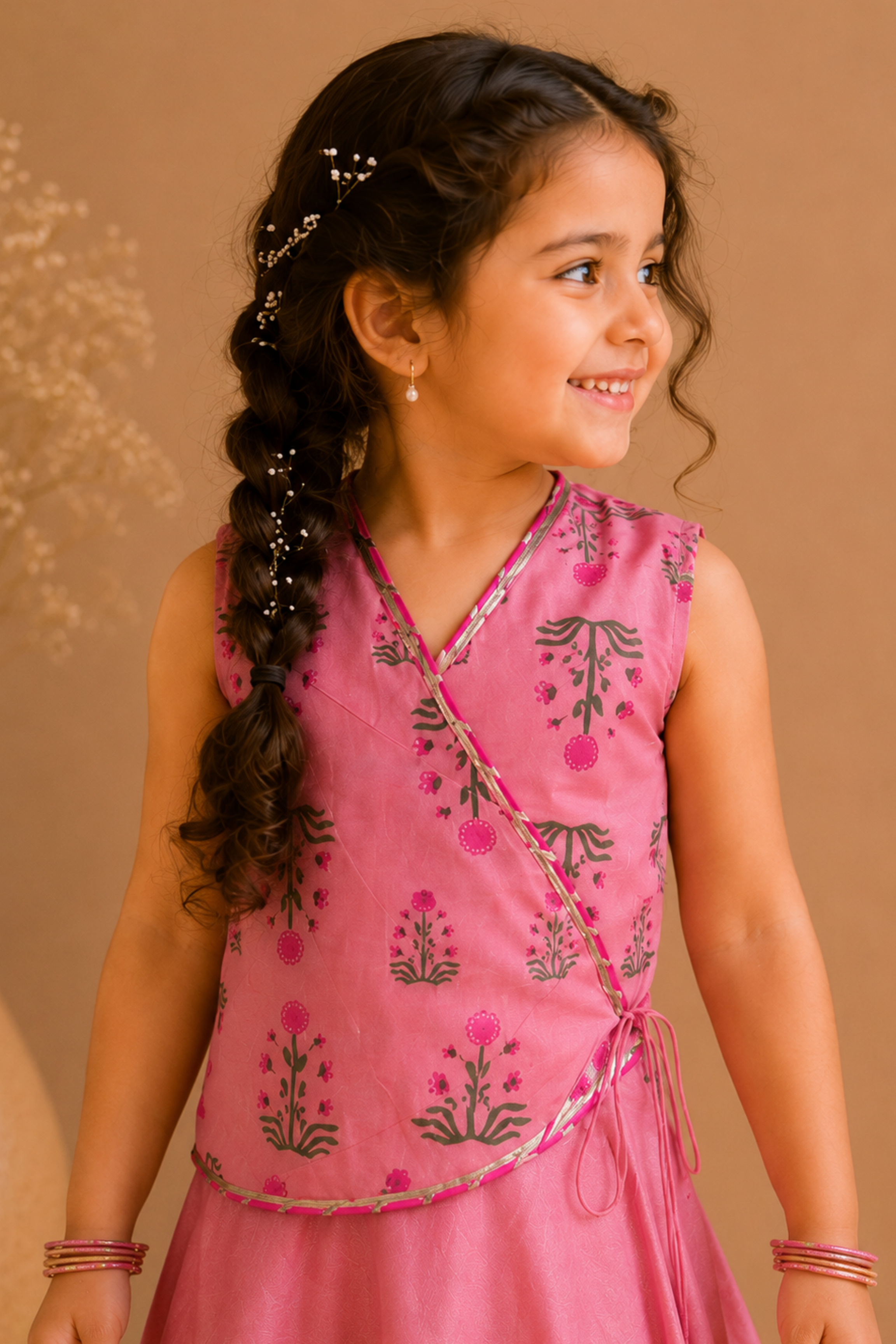 Girls Chanderi Printed Angrakha top with Skirt - Salmon Pink