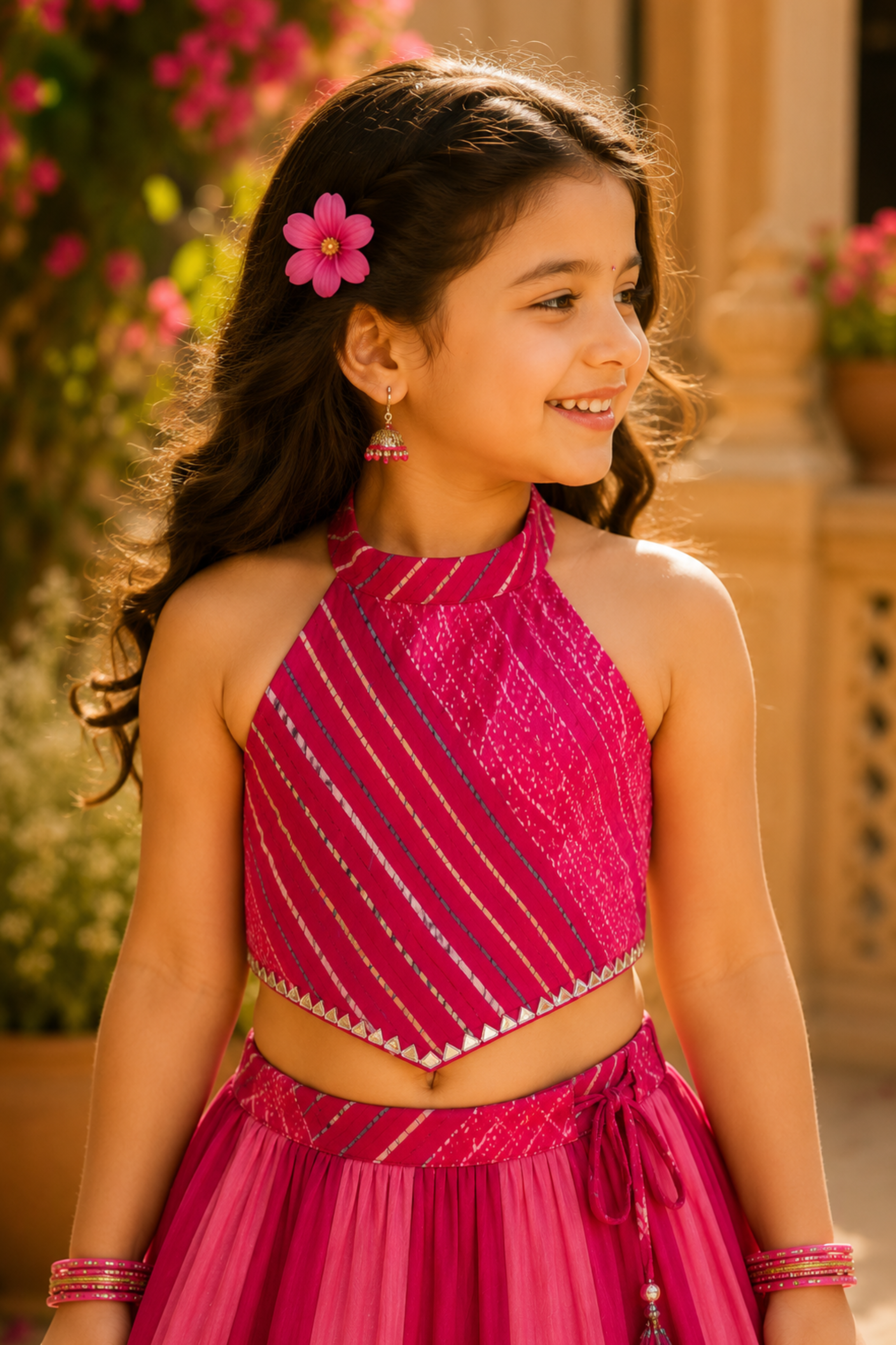 Girls Leheriya Pure Cotton Dual Tone Crop Top with Lehenga ethnic set - Blue