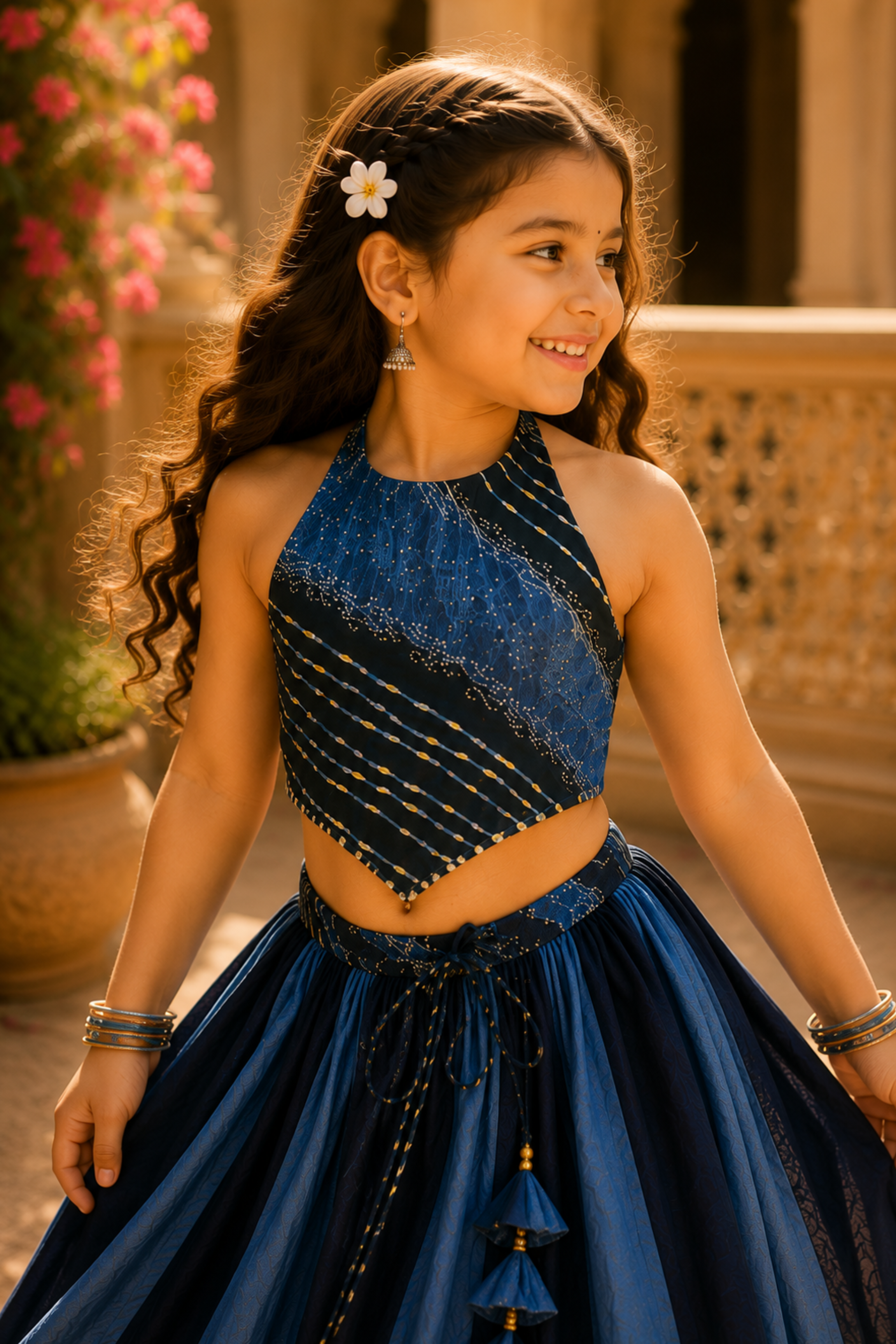 Girls Leheriya Pure Cotton Dual Tone Crop Top with Lehenga ethnic set - Blue