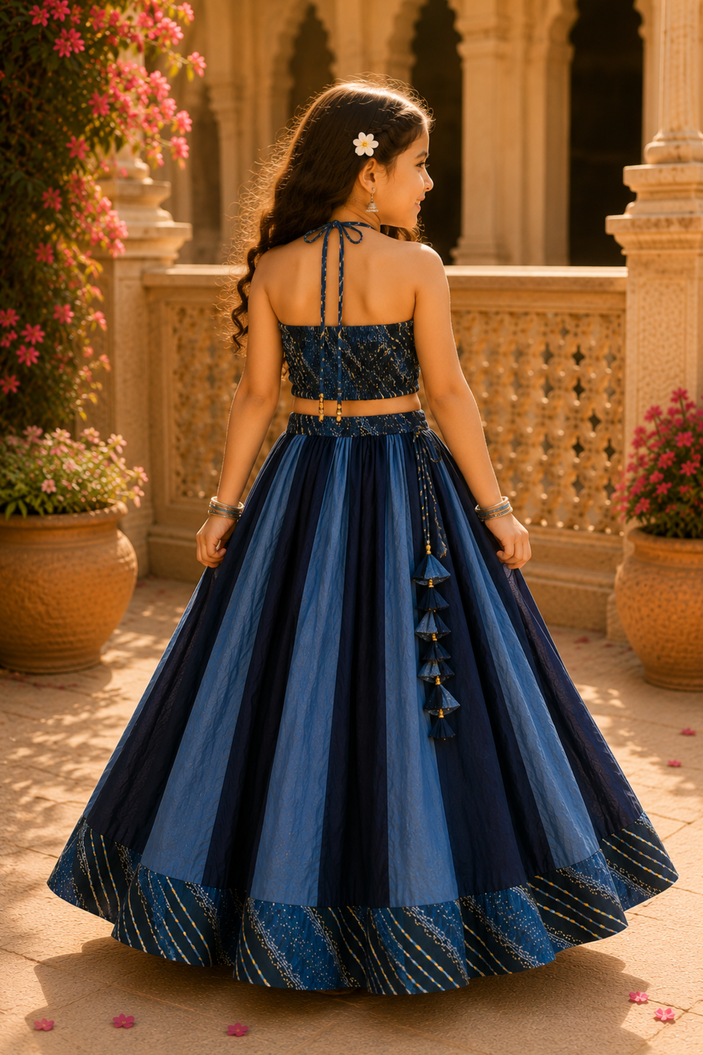 Girls Leheriya Pure Cotton Dual Tone Crop Top with Lehenga ethnic set - Blue