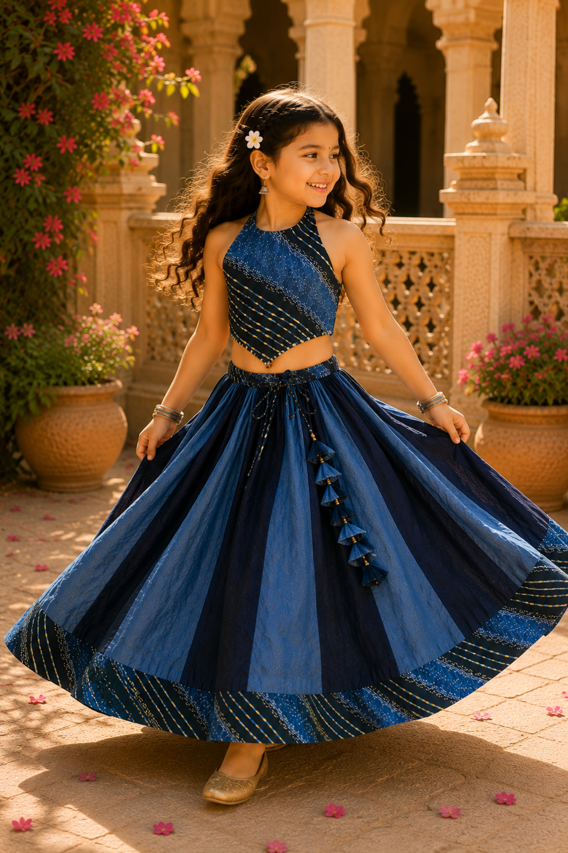 Girls Leheriya Pure Cotton Dual Tone Crop Top with Lehenga ethnic set - Blue