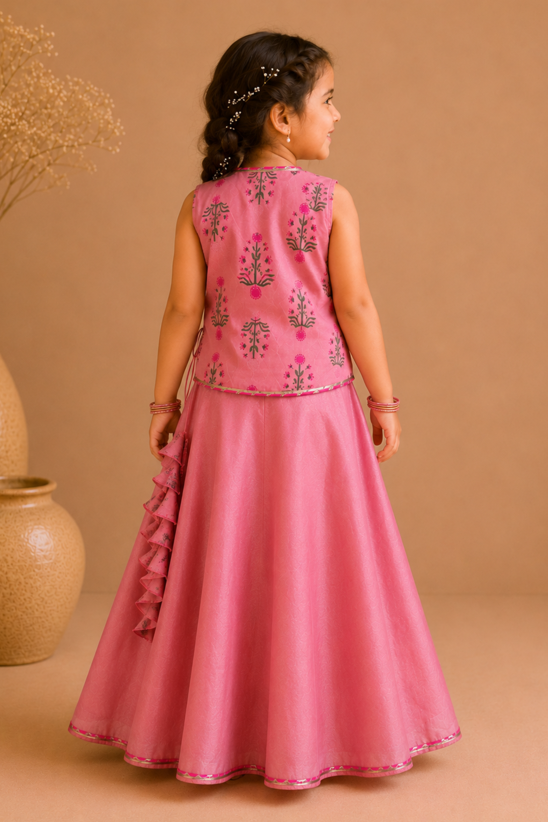 Girls Chanderi Printed Angrakha top with Skirt - Salmon Pink