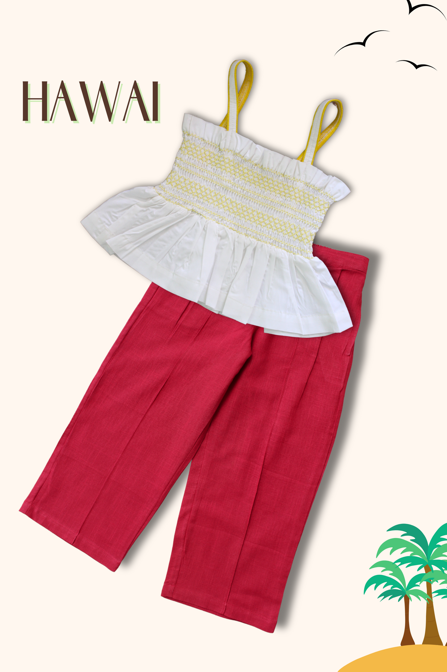 Girls Hawai Smocked Crop Top & Pleated Pants - Maroon