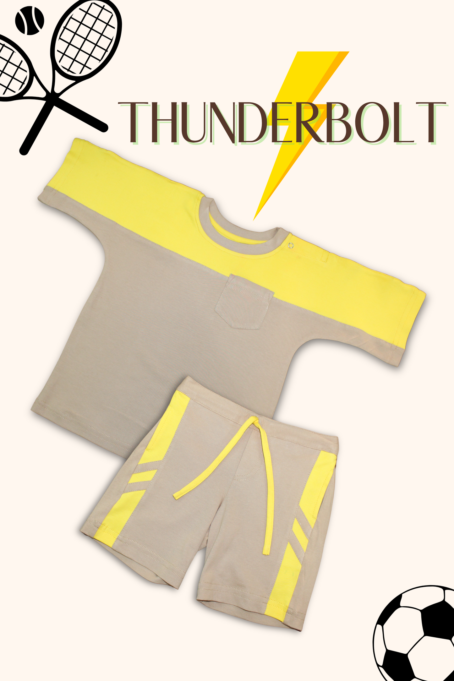 Boys Thunderbolt 100% Cotton Clothing Set - Yellow-Beige - Peekaaboo Kids - Below 1000, Boys, Clothing Set, Coord Set, Featured