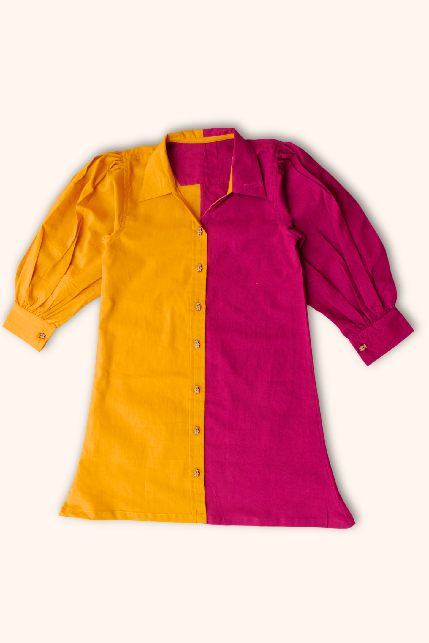 Girls Pure Cotton Color Block Dress with Collar - Mustard Magenta - Peekaaboo Kids - Below 1000, Dress, Featured, Girls